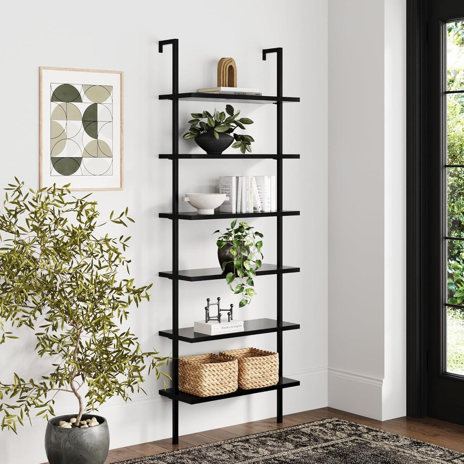 Nathan James 85" Theo 6 Shelves Wall Mounted Bookcase Matte Black: Sleek Design, Home Office Storage