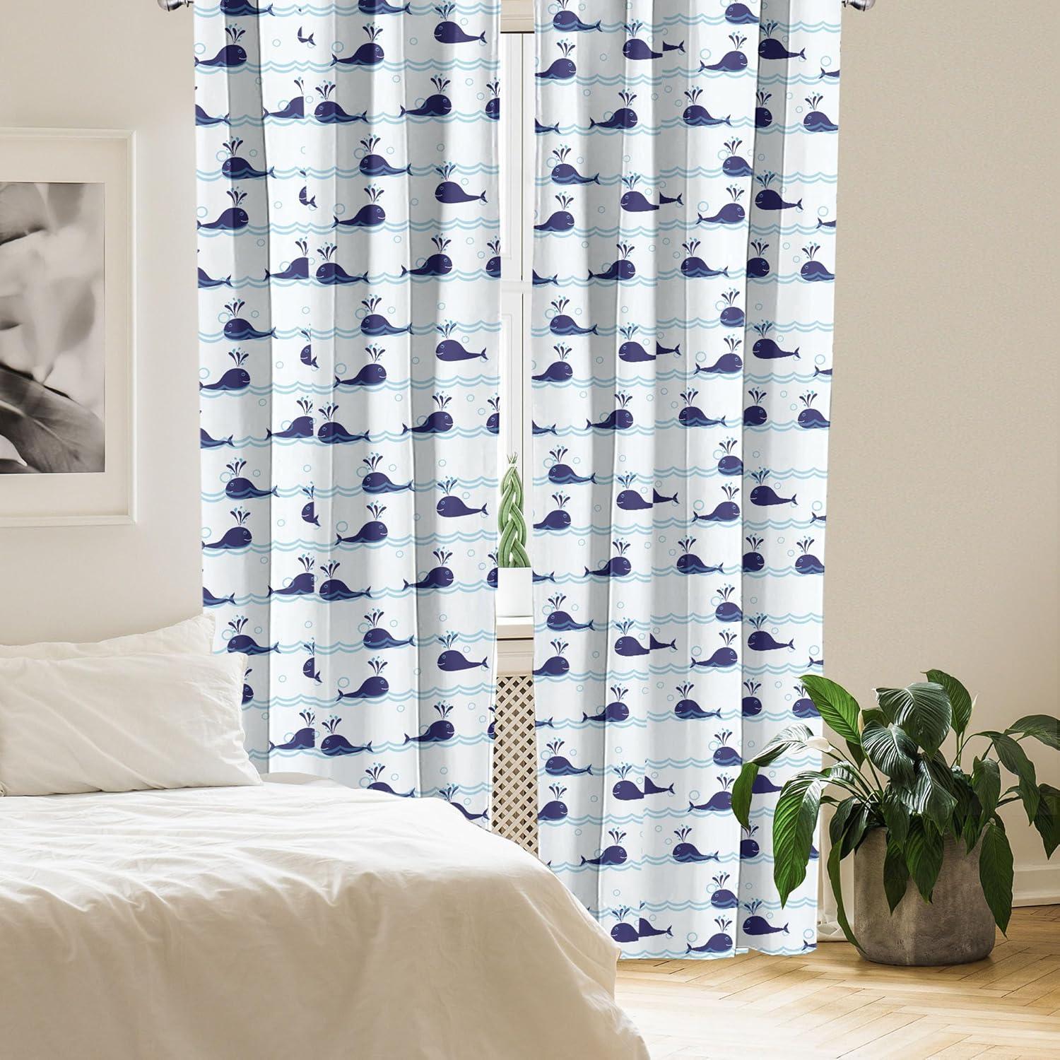 Ambesonne Whale Curtains, Blue Fish on Water, Pair of 28"x63", Pale Blue Navy Blue