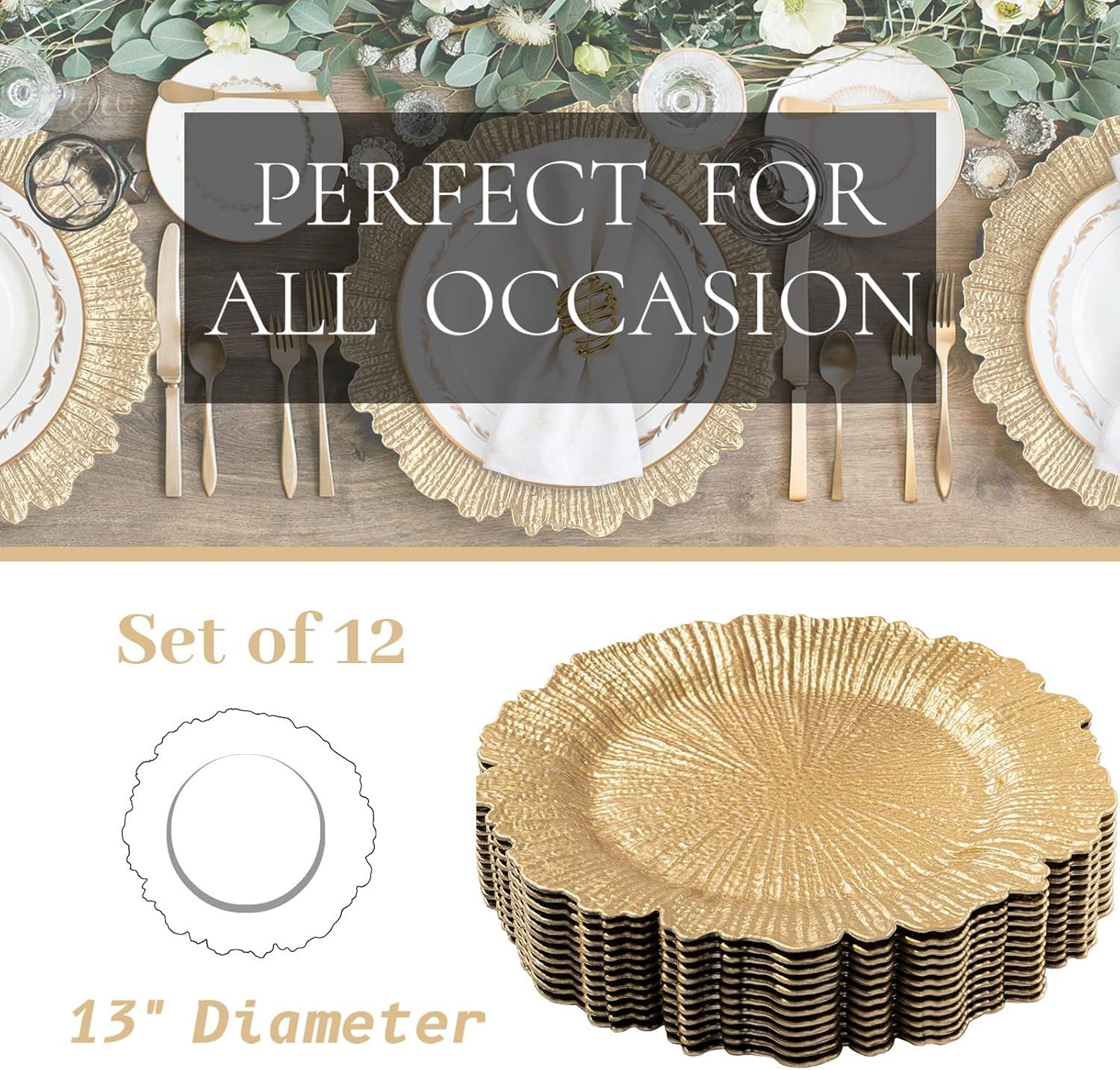 Gold Charger Plates Set - 13” Vintage Plastic Dinnerware Set - Reusable Elegant Serving Plates for Parties, Weddings and Events 12 Set