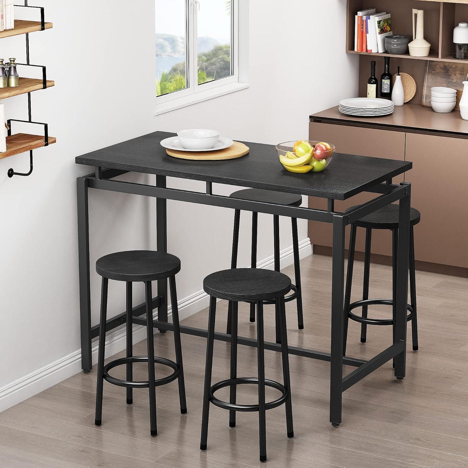 Lamerge 5 Pieces Dining Table Set for 4, Black Bar Table Set with 4 Round Bar Stools Counter Height Bar Table and Chairs Set, Wood Pub Table Set Breakfast Table for Kitchen, Small Space