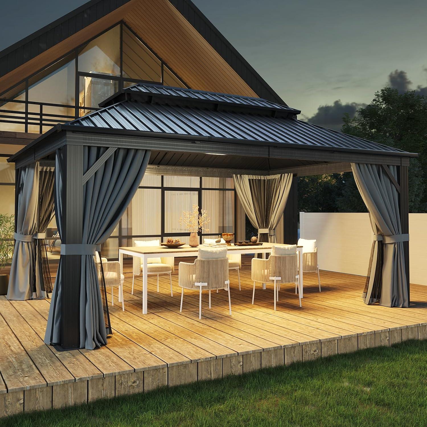 Kozyard Kozyard Alexander Gray Double Roof Hardtop Gazebo with Privacy Curtain Mosquito Netting