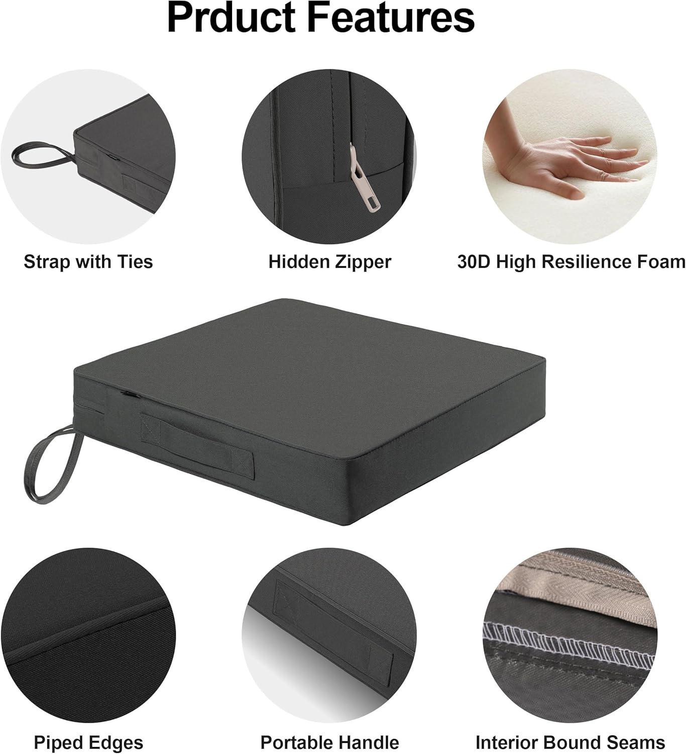 Dmsky Patio Chair Cushion,19 x 19 x 3.7 Inch Outdoor Chair Cushions for Patio Furniture,Waterproof Seat Cushions with Ties, Garden Sofa Couch Chair Pads with Handle Set of 4(Gray)