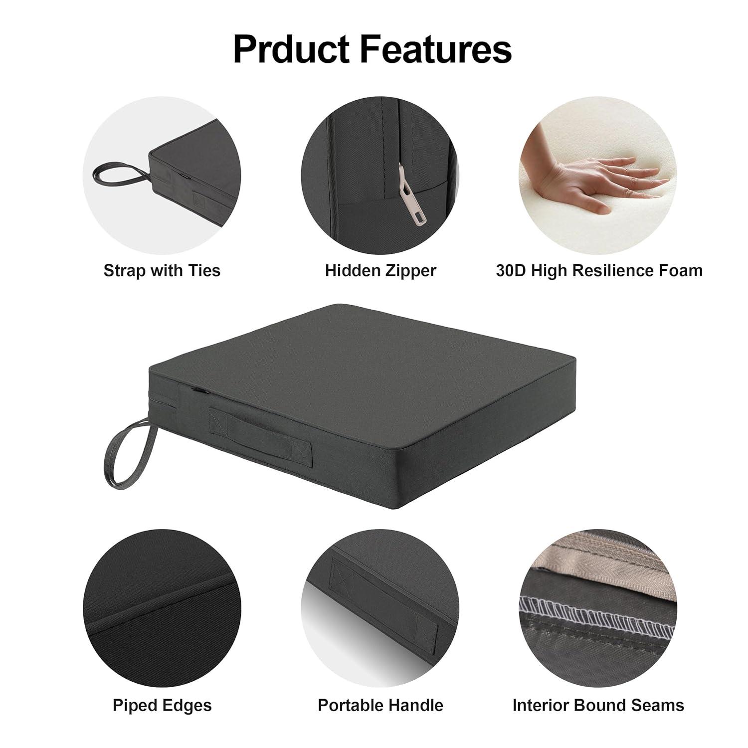 Dmsky Patio Chair Cushion,19 x 19 x 3.7 Inch Outdoor Chair Cushions for Patio Furniture,Waterproof Seat Cushions with Ties, Garden Sofa Couch Chair Pads with Handle Set of 4(Gray)