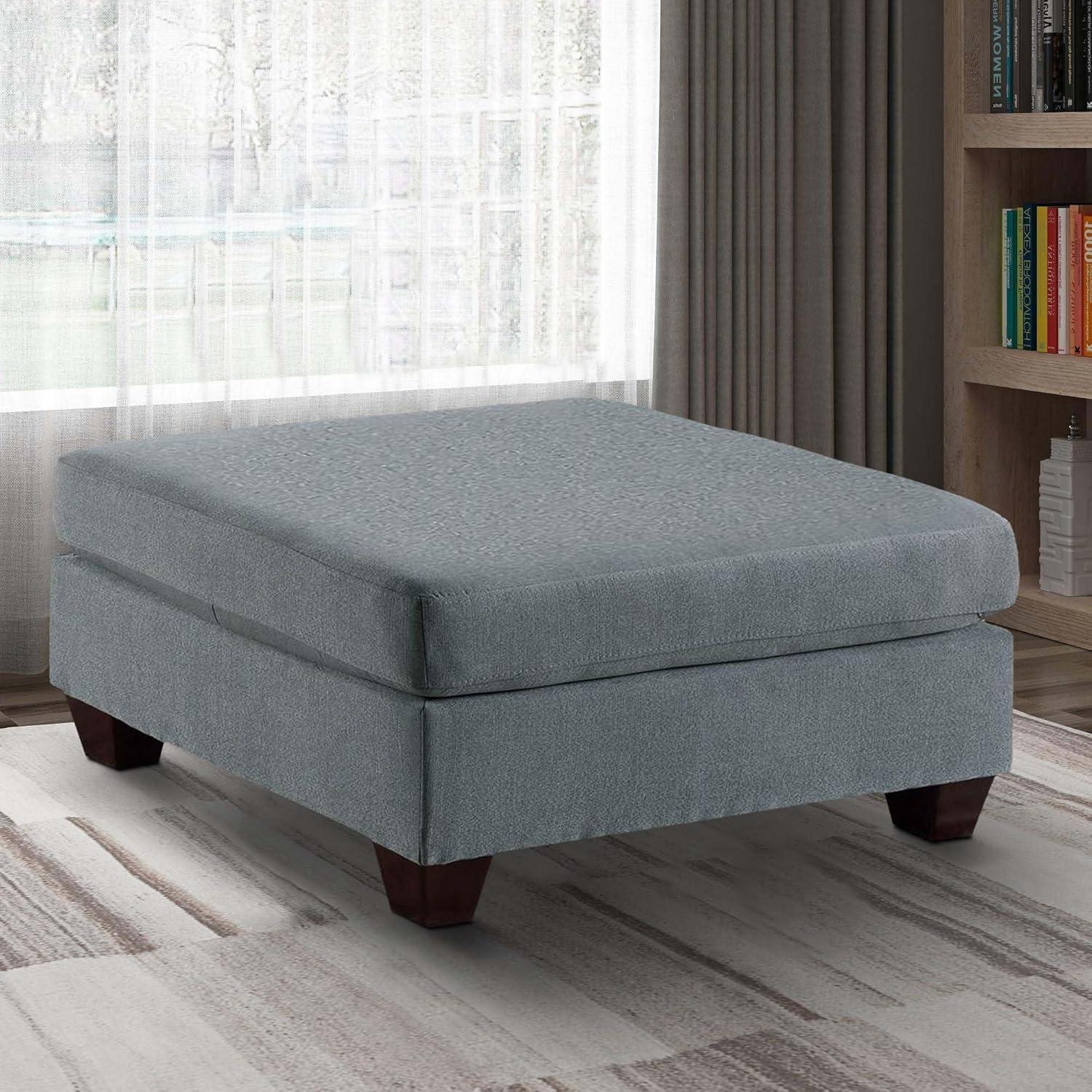 Homestock Natural Beauty Square Ottoman with Gray Linen Upholstery, Plush Foam Seat, Block Legs, 32"L x 26"W x 19"H, Modern Design for Living Room or Bedroom