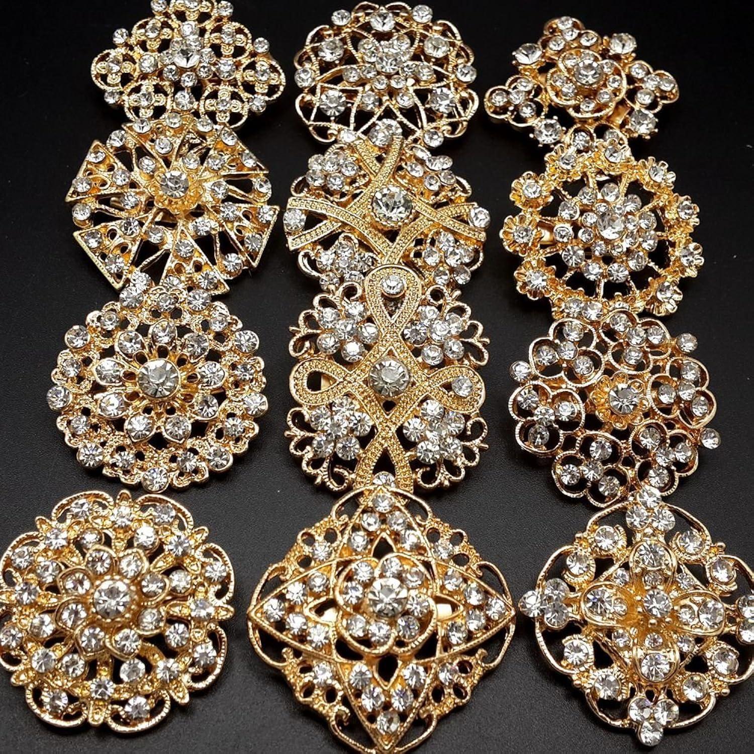 Elegant Silver and Gold Rhinestone Flower Brooch Set