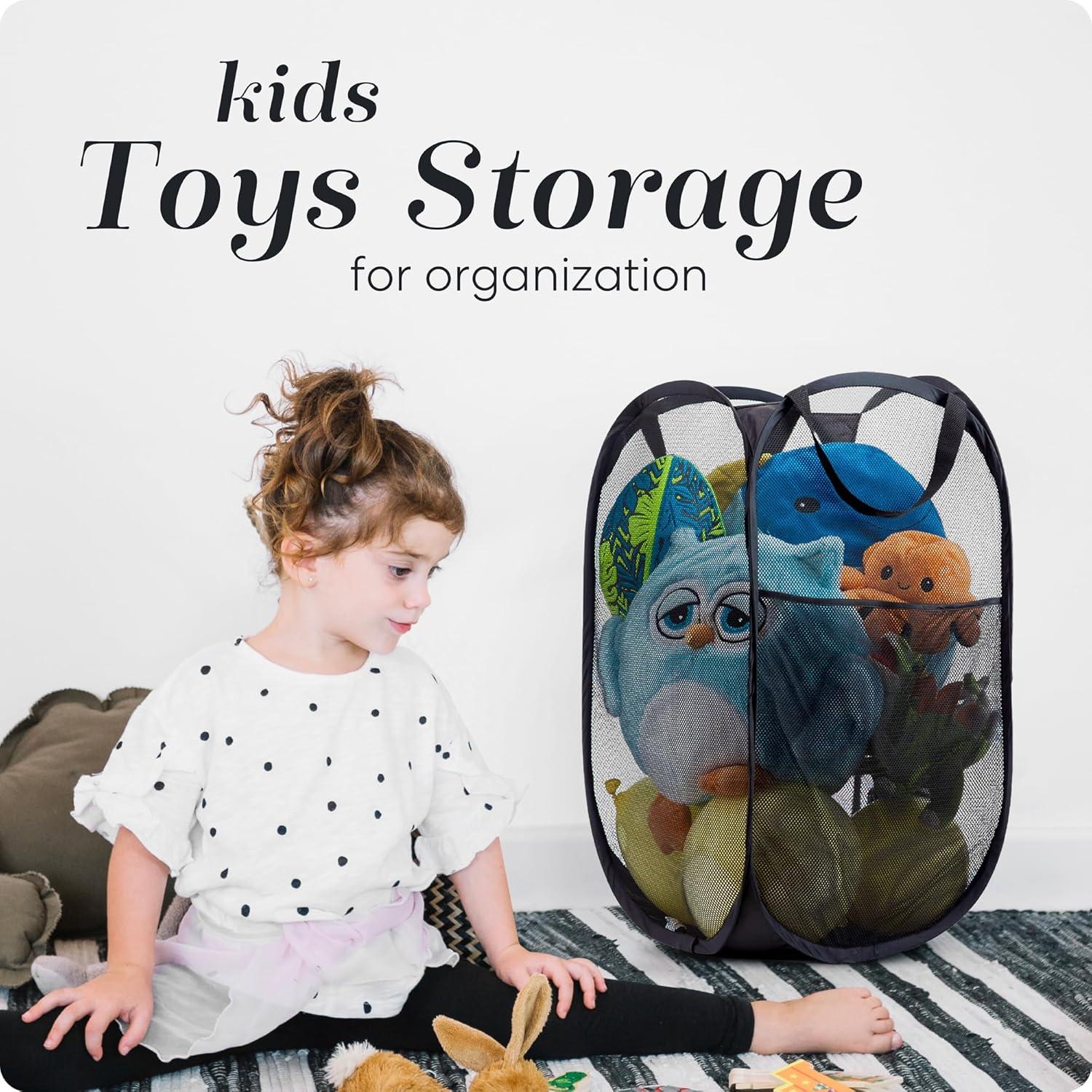 Collapsible Mesh Pop Up Laundry Baskets with Wide Opening and Side Pocket – Laundry Hamper, Breathable, Sturdy, Foldable, and Space-Saving Design for Clothes and Storage (Black)