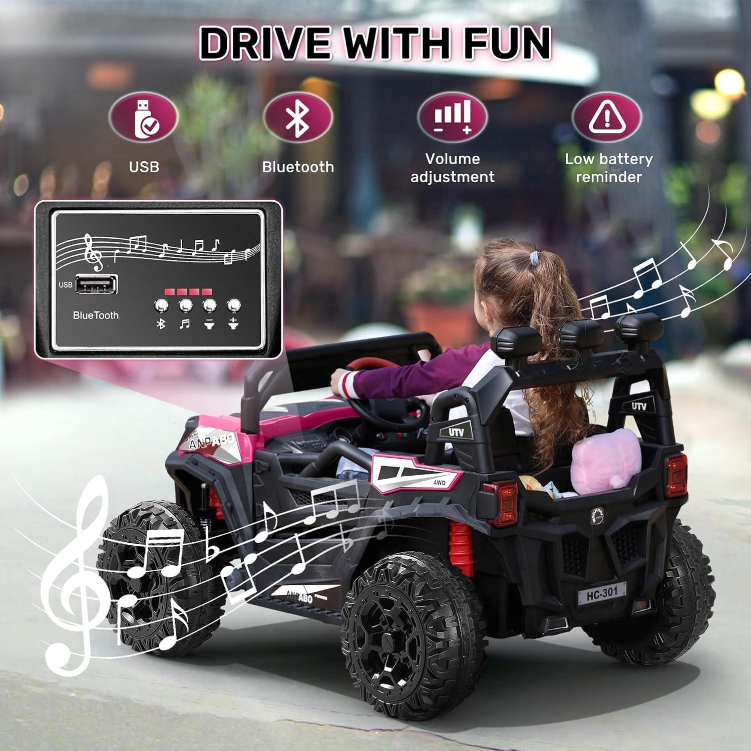 FINITO 24V Kids Ride on UTV, Electric Off-Road Vehicle 4 Wheeler Battery Powered Truck w/ Storage Trunk Parent Remote Control Gift for Boy Girl, Pink