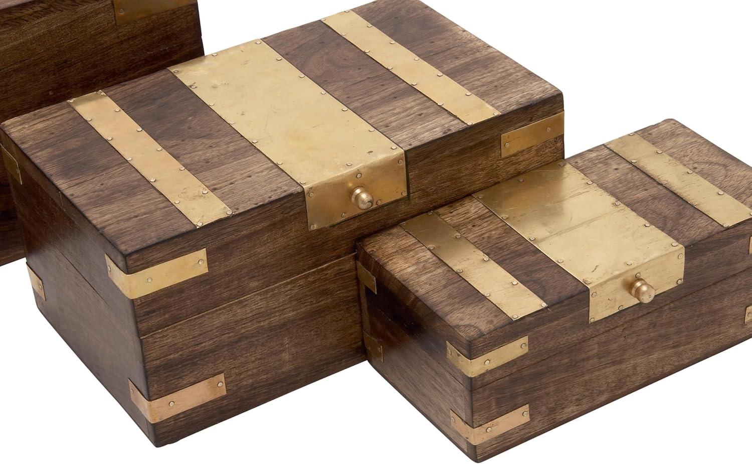 Olivia & May Set of 3 Traditional Brass Inlaid Wooden Boxes: Mango Wood Craftsmanship, Rectangular with Spot Clean Care