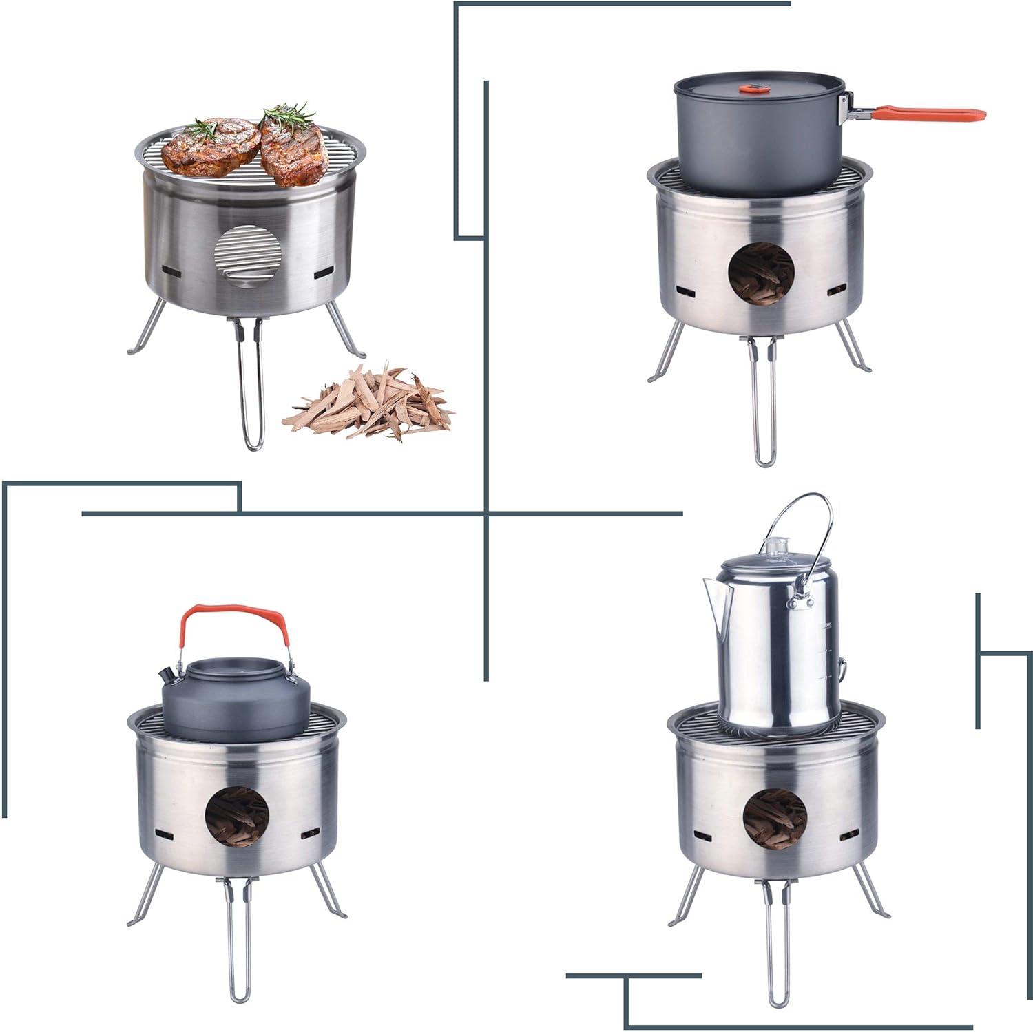 ARC USA BQ2026, Easy Carry Stainless Steel Camping Stove Backing Stove Portable Wood Burning Stoves for Picnic BBQ Camp Hiking with Grid