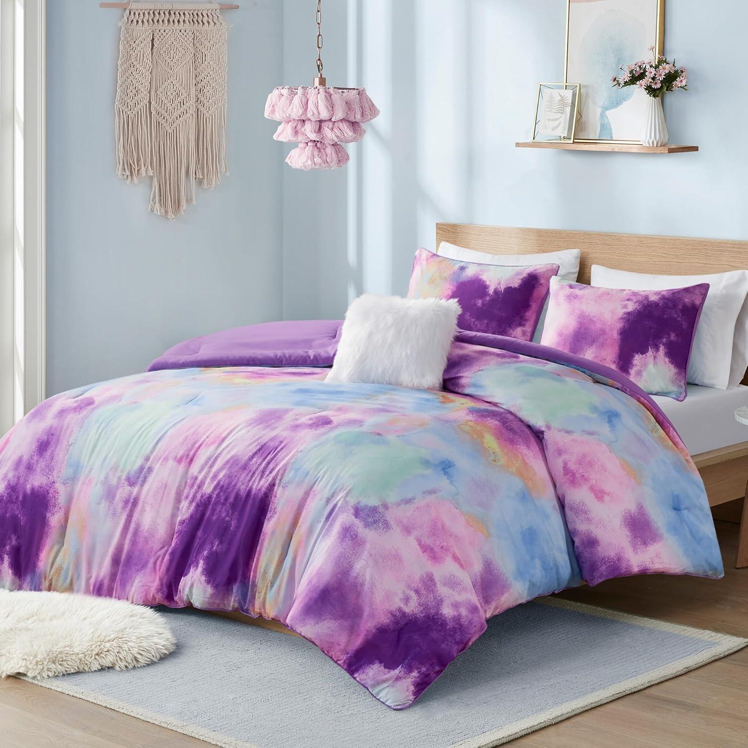 Cassiopeia Watercolor Tie Dye Printed Comforter Set with Throw Pillow
