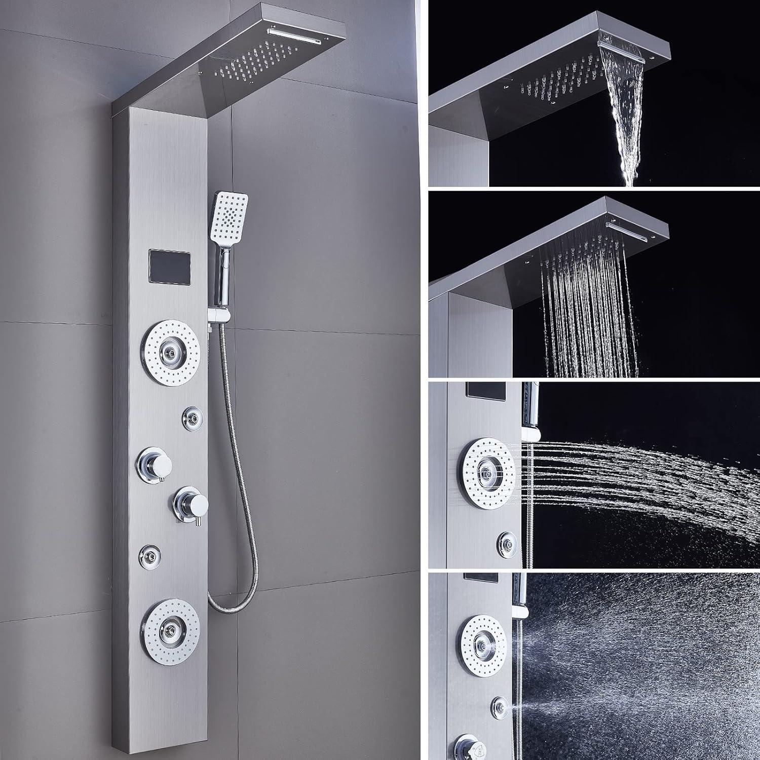 Brushed Nickel LED Rainfall Shower Panel with Body Jets