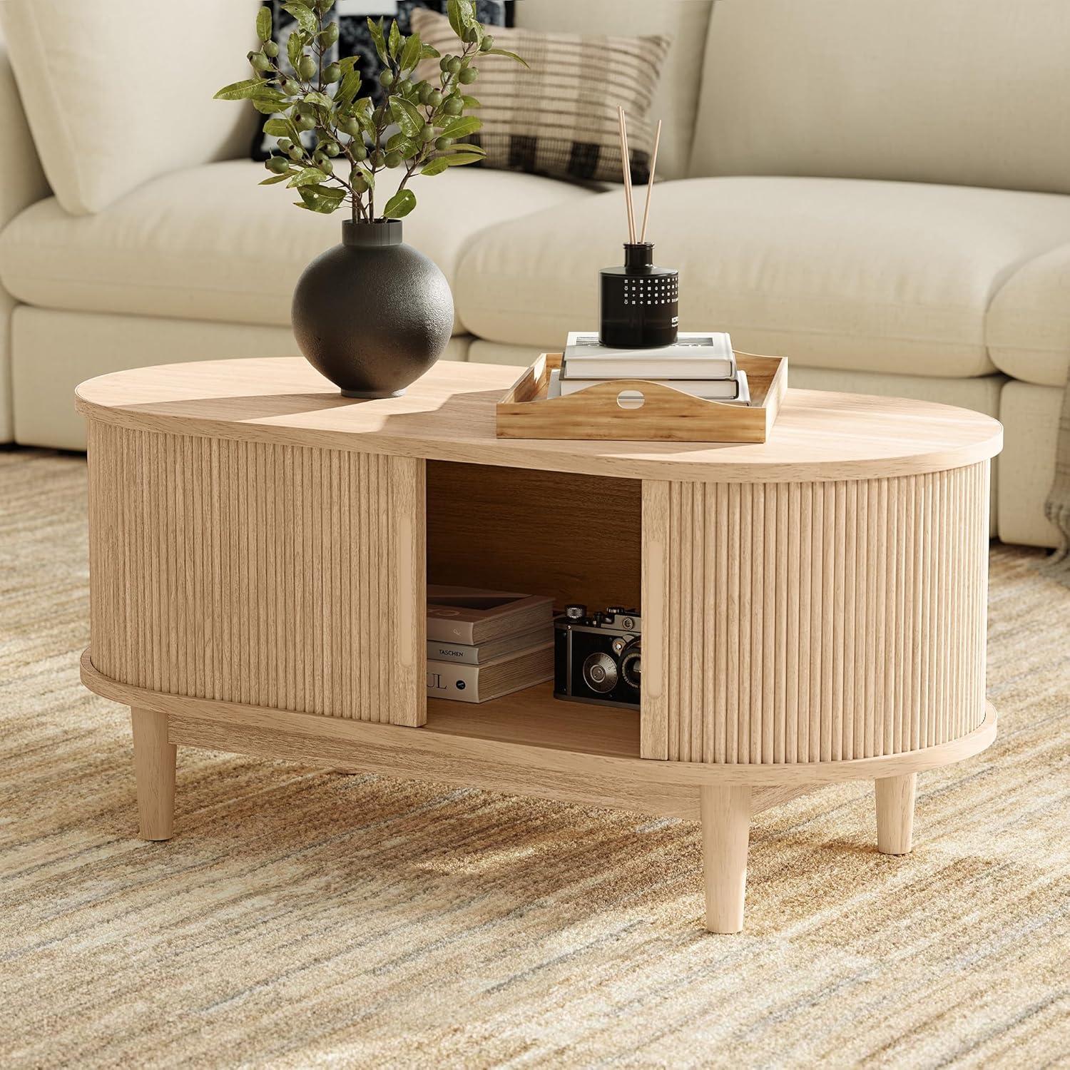 Fluted Coffee Table with Storage, Mid-Century Coffee Table for Living Room