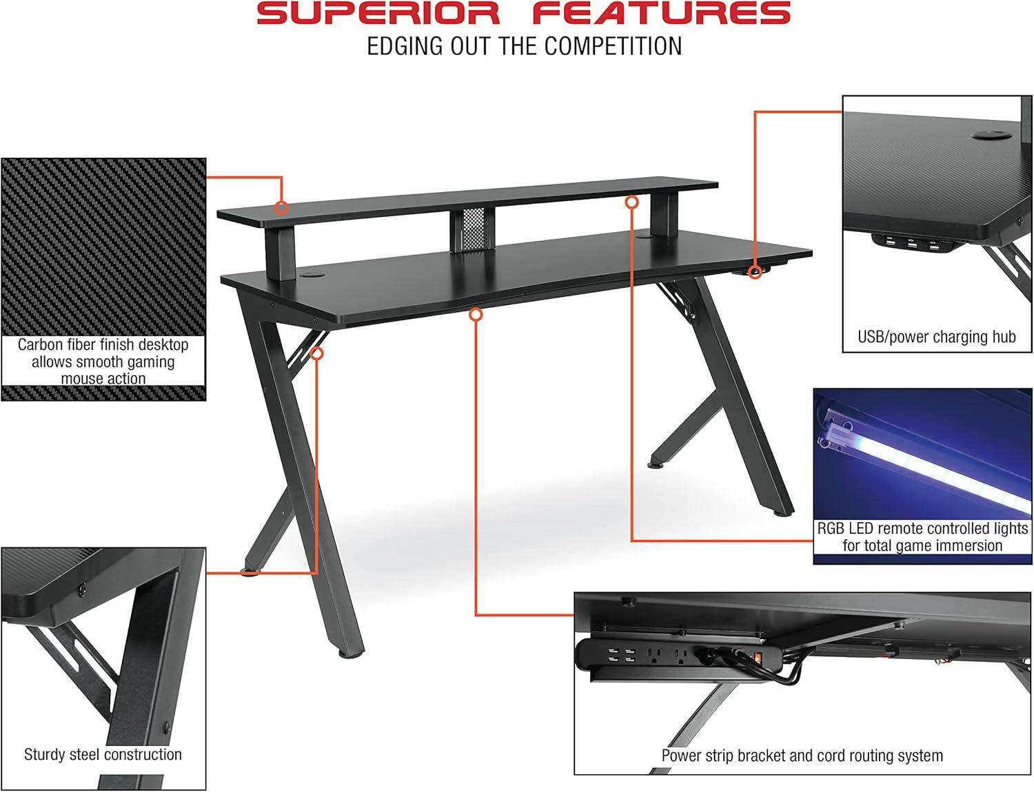 Area51 Matte Black Steel Gaming Desk with RGB LED Lights