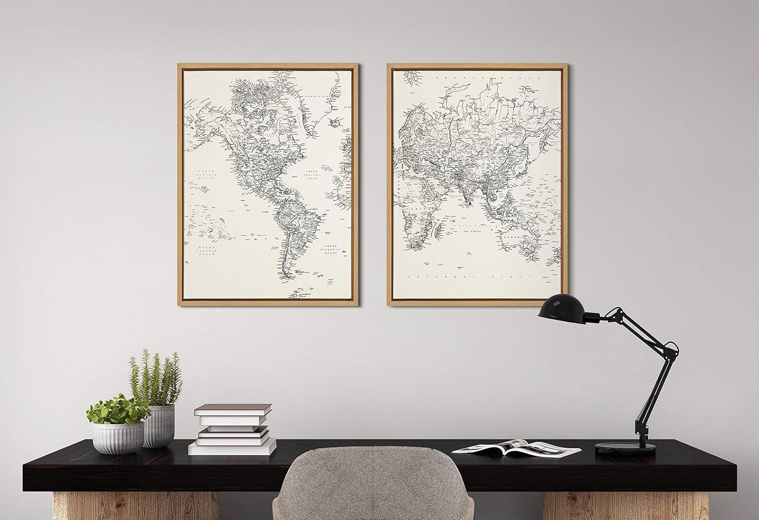 Vintage Black and White World Map Framed Canvas Set