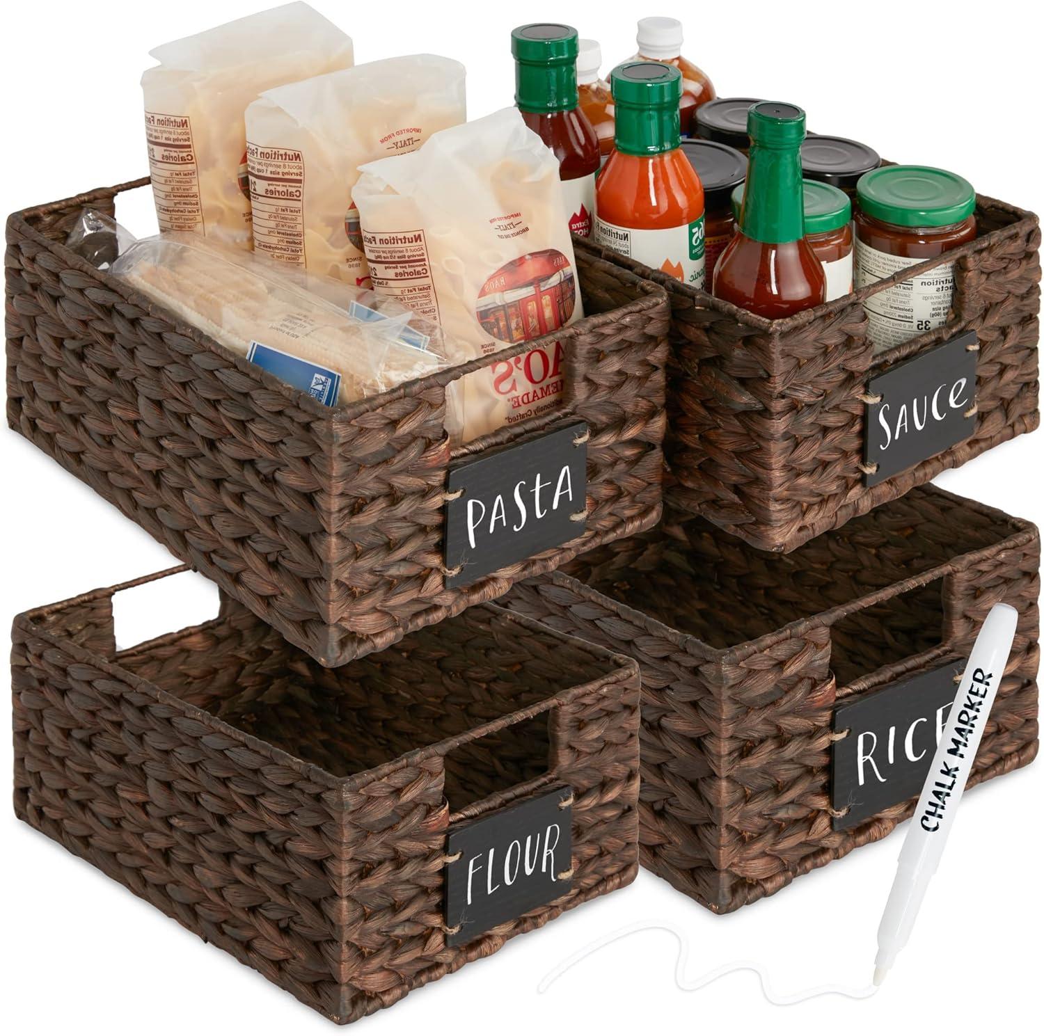 Best Choice Products Set of 4 12in Woven Water Hyacinth Pantry Baskets w/ Chalkboard Label, Chalk Marker - Brown
