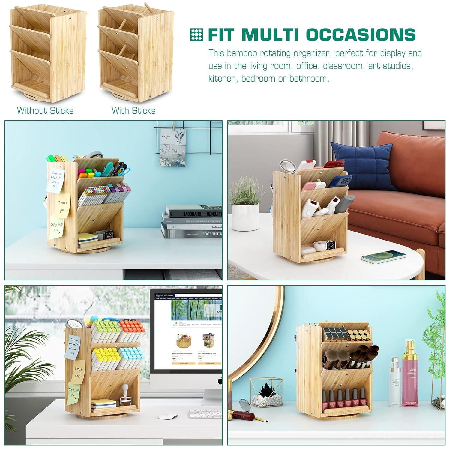 Bamboo Desk Organizer Storage Accessories - Ultra-large 13 compartments, 1000+ Pencil Holder Capacity, Easy DIY Assembly, Rotating Desktop Organizer, Cosmetics, and Office Supplies