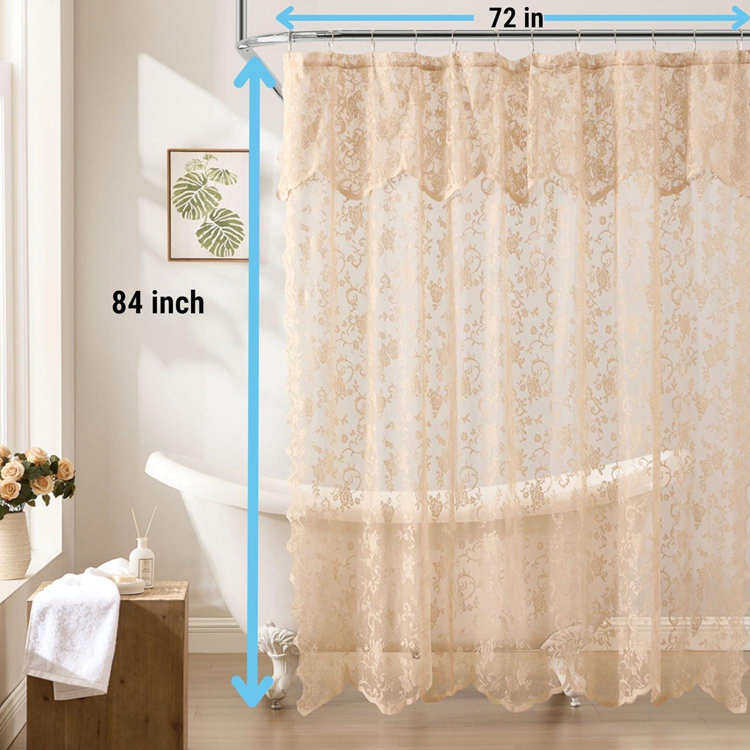 HLC.ME Harper Lace Shower Curtain for Bathroom with Floral Vine Design and Attached Valance- Elegant Victorian Classic Style - Linen, 72" W x 72" L