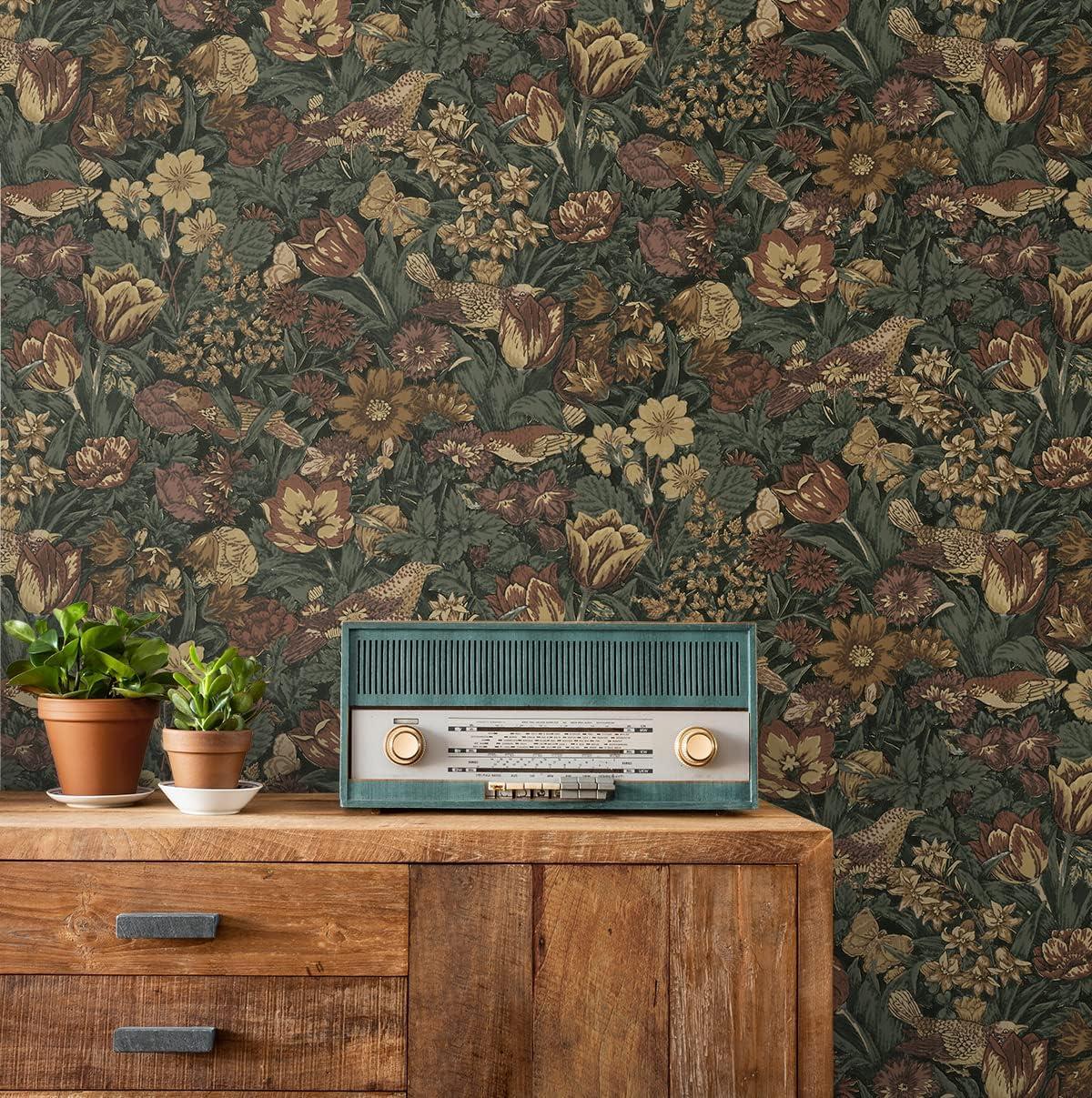 Mahogany and Graphite Bird Floral Pre-pasted Vinyl Wallpaper