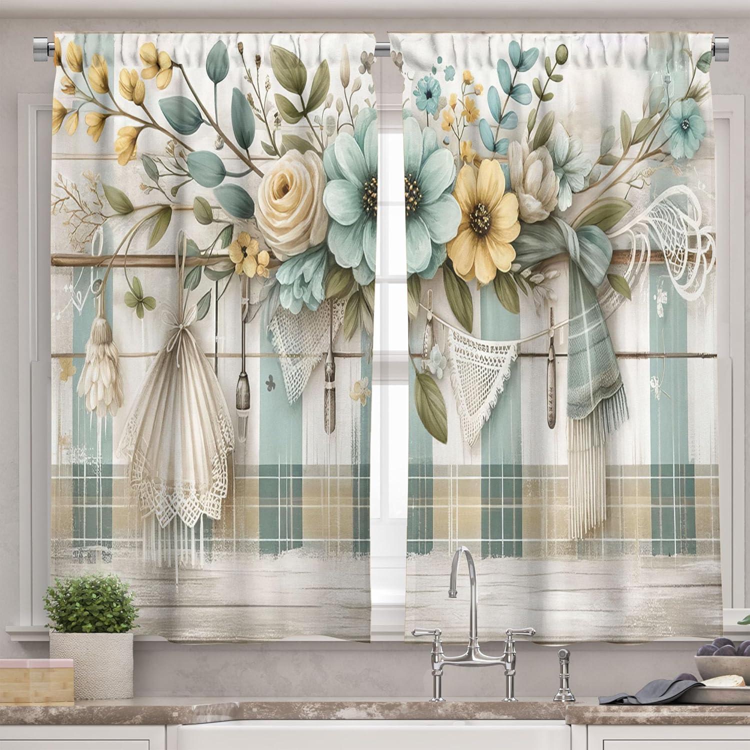 Floral Tailored 55'' W Kitchen Curtain