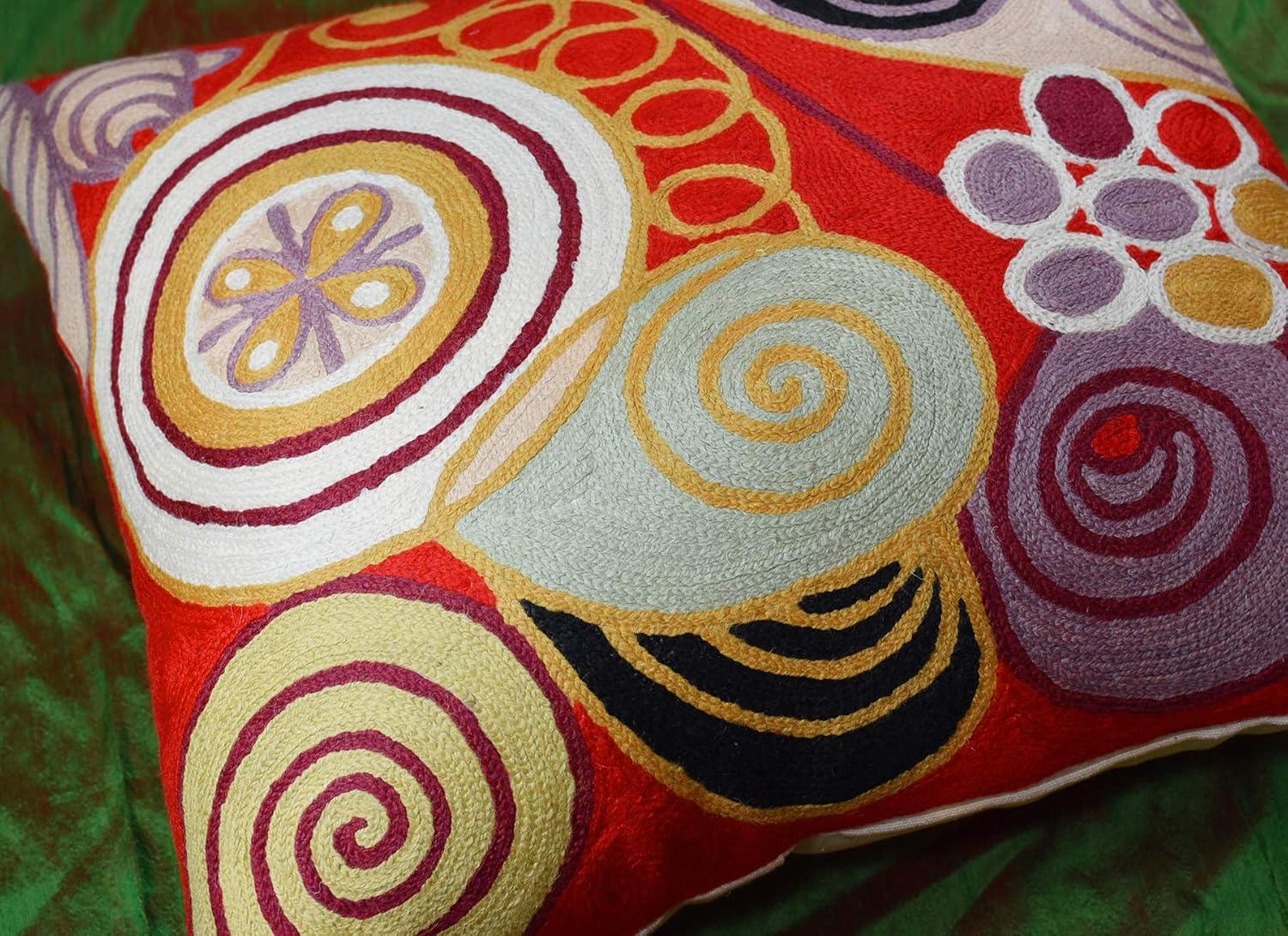 Bright Red Hand Embroidered Cotton Wool Euro Pillow Cover