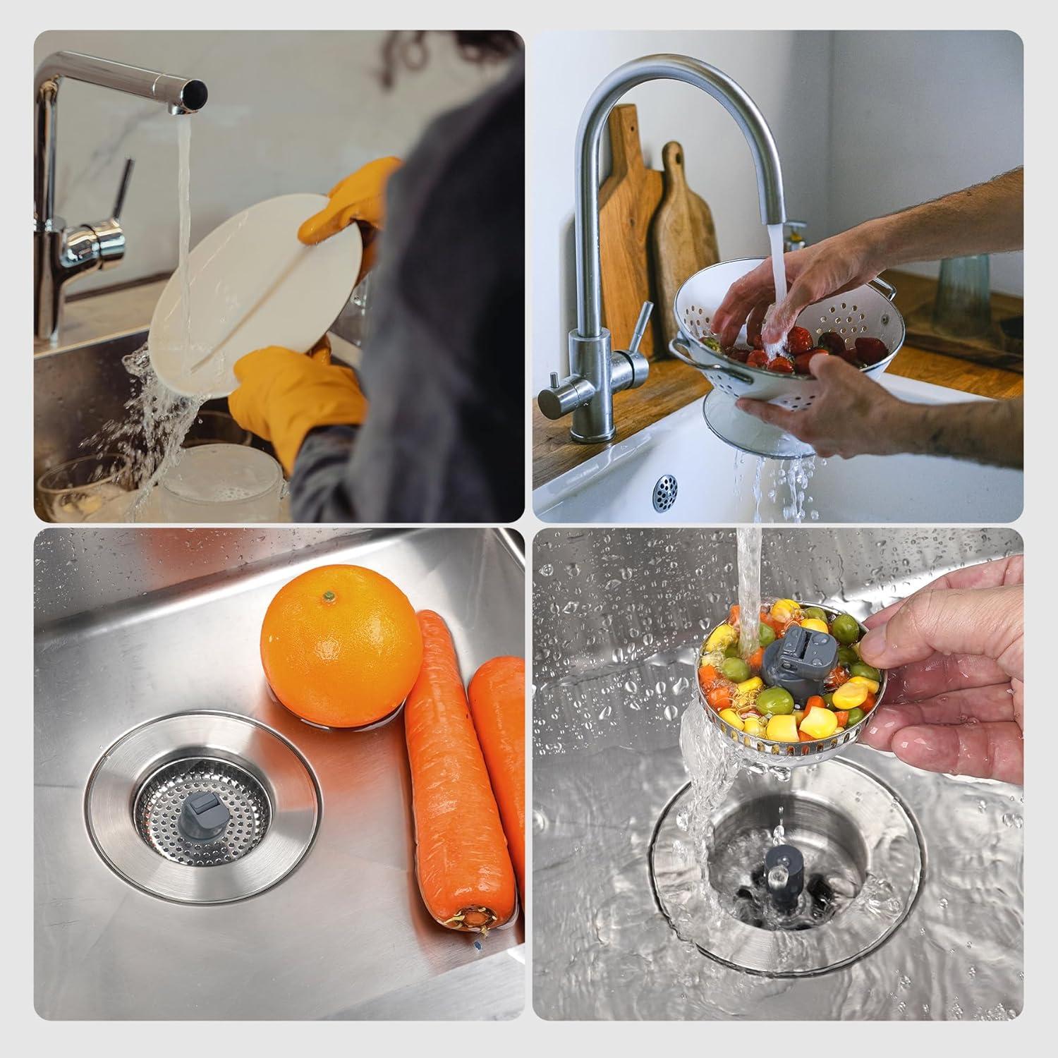 Hibbent 3-in-1 Kitchen Sink Drain Strainer  Stopper , Stainless Steel Pop-Up Design, Anti-Clogging Metal Basket with Handle, Compatible with US Standard 3-1/2" Drain