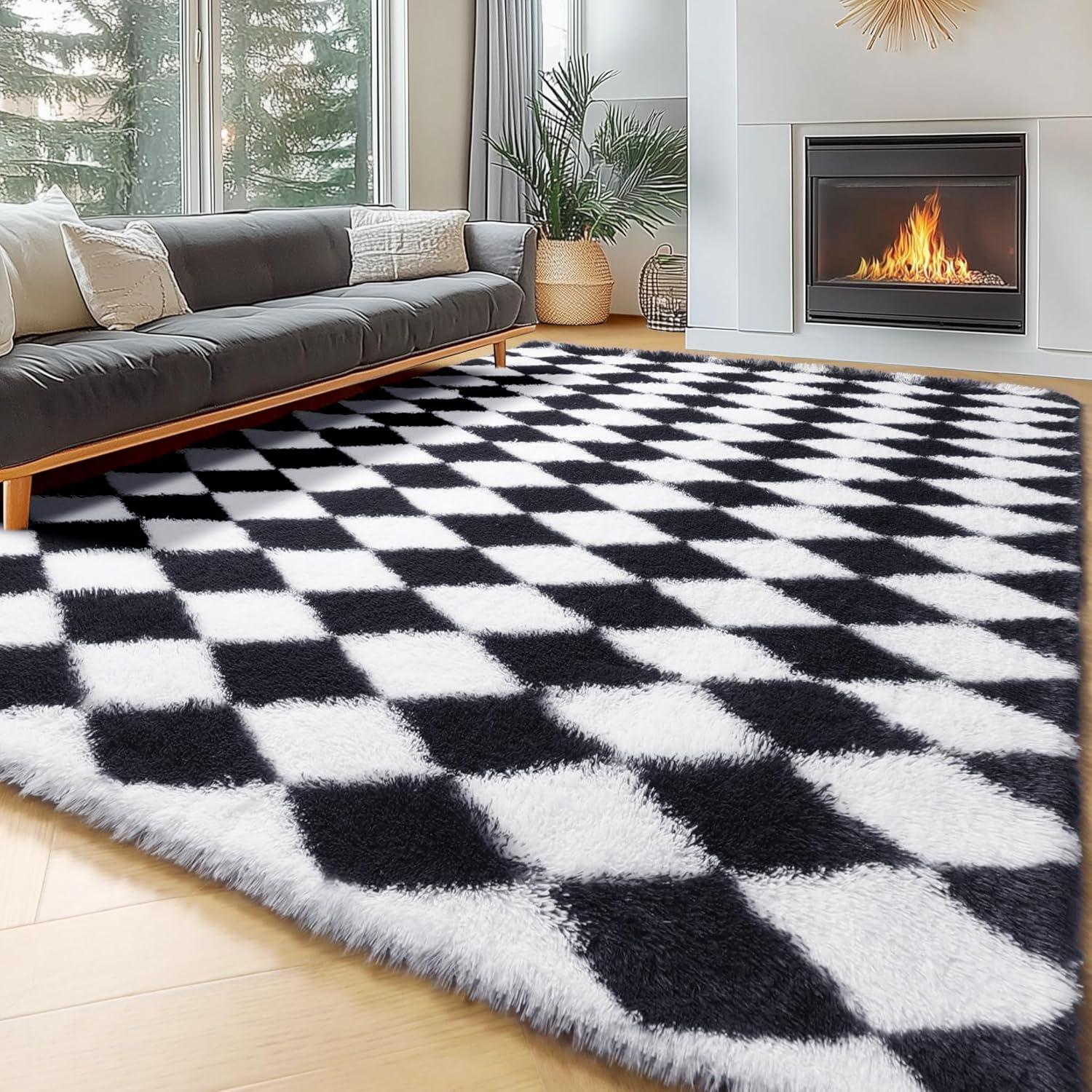 Luxe Weavers Checkered Black and White Geometric 8x10 Area Rug