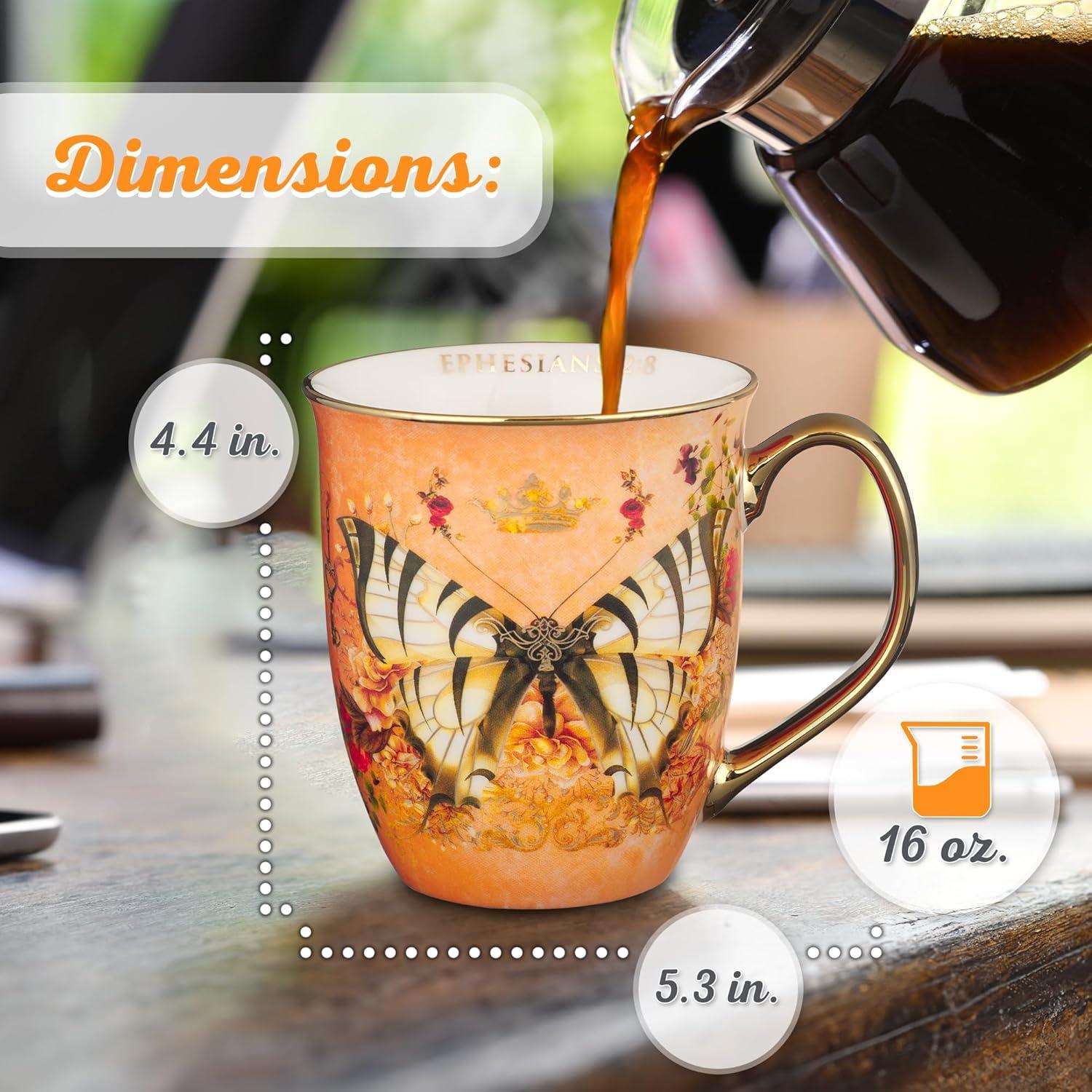 Christian Art Gifts Large Ceramic Butterfly Scripture Coffee & Tea Mug for Women: Grace - Inspirational Bible Verse Novelty Non-toxic Drinkware w/Gold Accents, Orange & White Multicolor Floral, 14 oz.