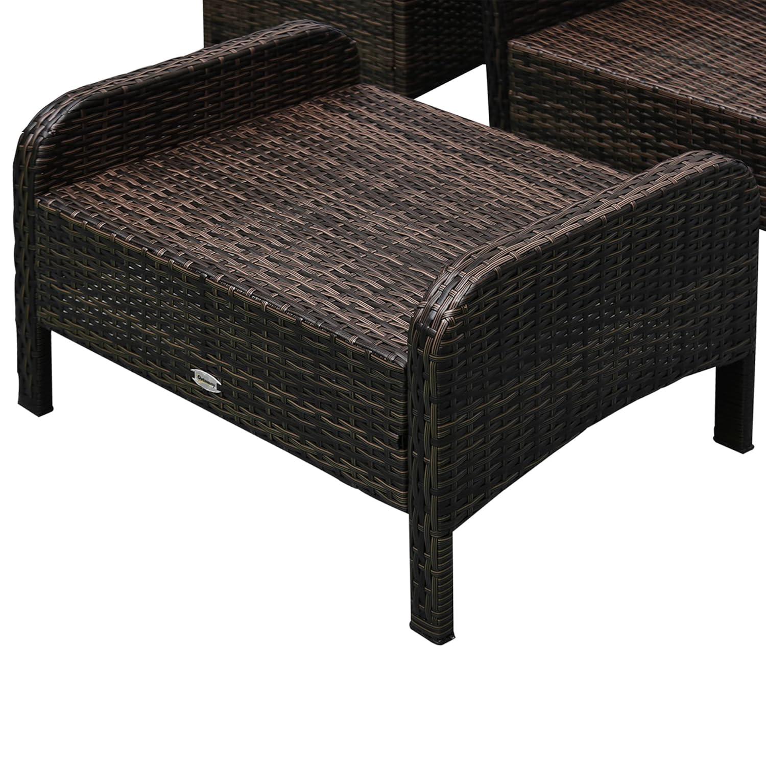 Outsunny 5 Piece Rattan Wicker Lounge Chair, Outdoor Patio Conversation Set with 2 Cushioned Chairs, 2 Ottomans & Top Coffee Table, Brown