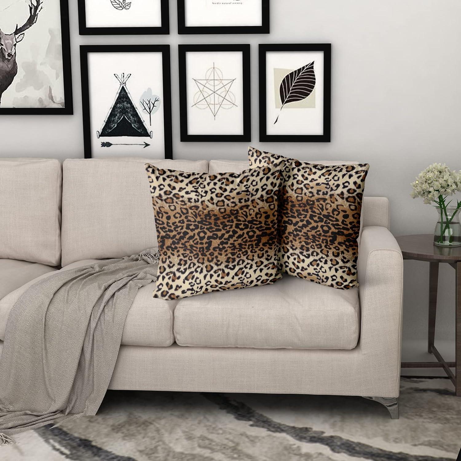 Brown Leopard Throw Pillow Cover - 2 Pcs Cheetah Pillow Case 20x20 inch Cotton Soft Animal Print Pillows Covers Decorative Cushion Cover for Home Couch Bed Sofa Double Side Printed