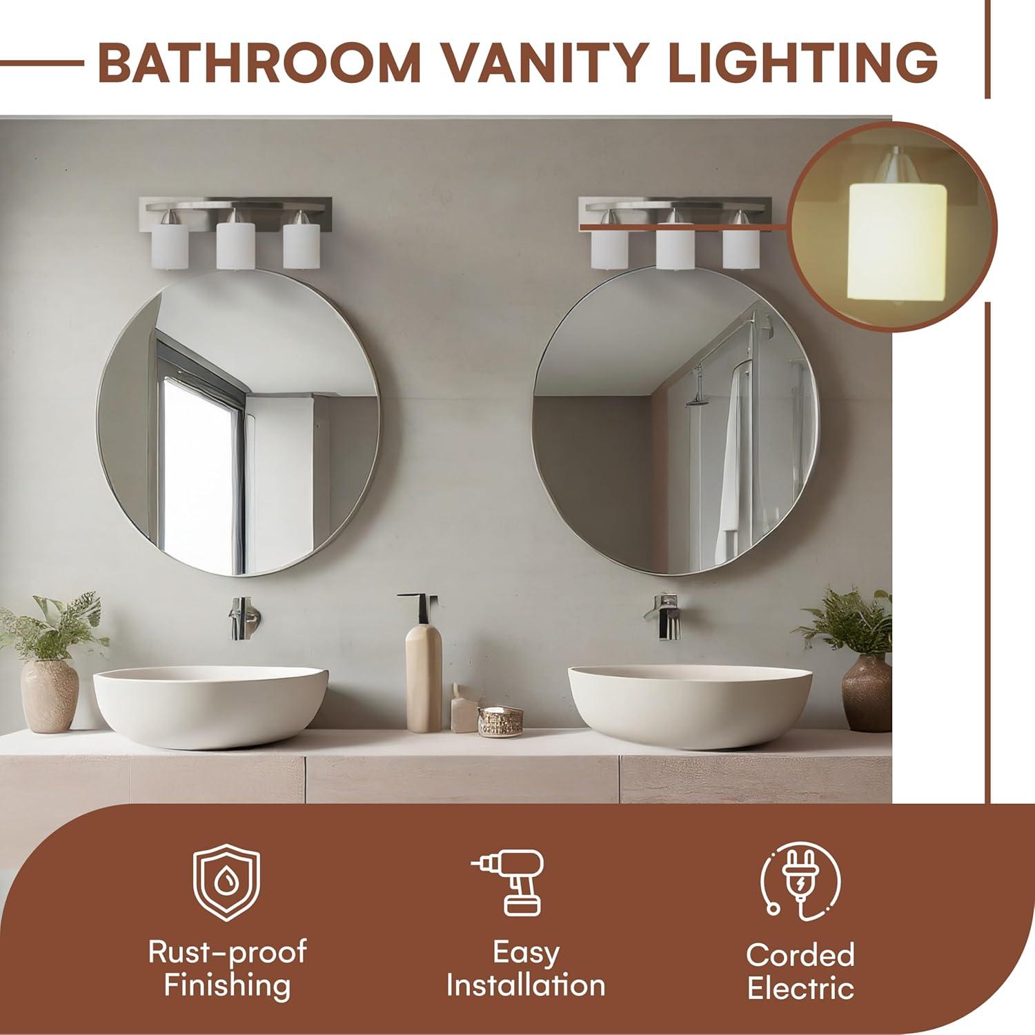 Dorence Bathroom Vanity Light Bar - Modern Glass Shade, Brushed Nickel Finish, 3 Lights, E26 100W LED - Ideal Bathroom Lights Fixtures for Over Mirror and Vanity