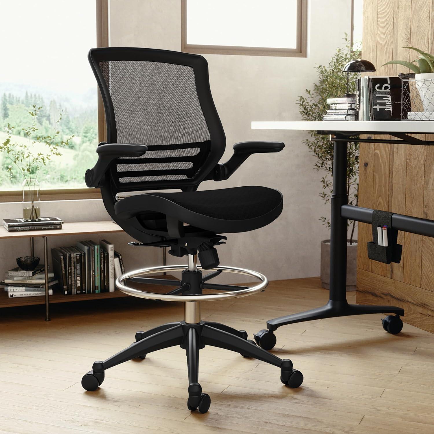 ErgoDraft Plus Black Mesh Drafting Chair with Adjustable Arms and Foot Ring