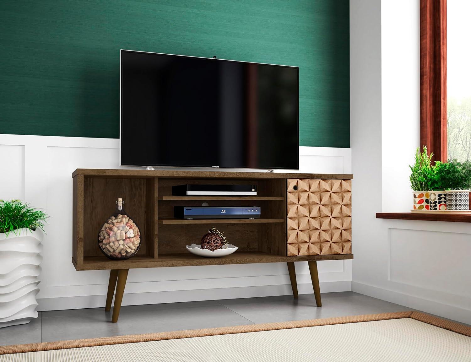 Liberty 53.14" Mid-Century Modern TV Stand with 5 Shelves and 1 Door  with Solid Wood Legs