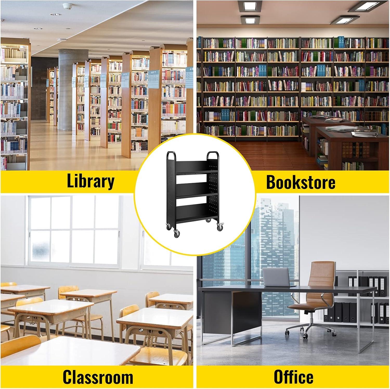 VEVOR Book Cart, 200lbs Library Cart, 30x14x49 Inch Rolling Book Cart Single Sided V-Shaped Sloped Shelves with 4 Inch Lockable Wheels, for Home Shelves Office and School Book Truck in Black