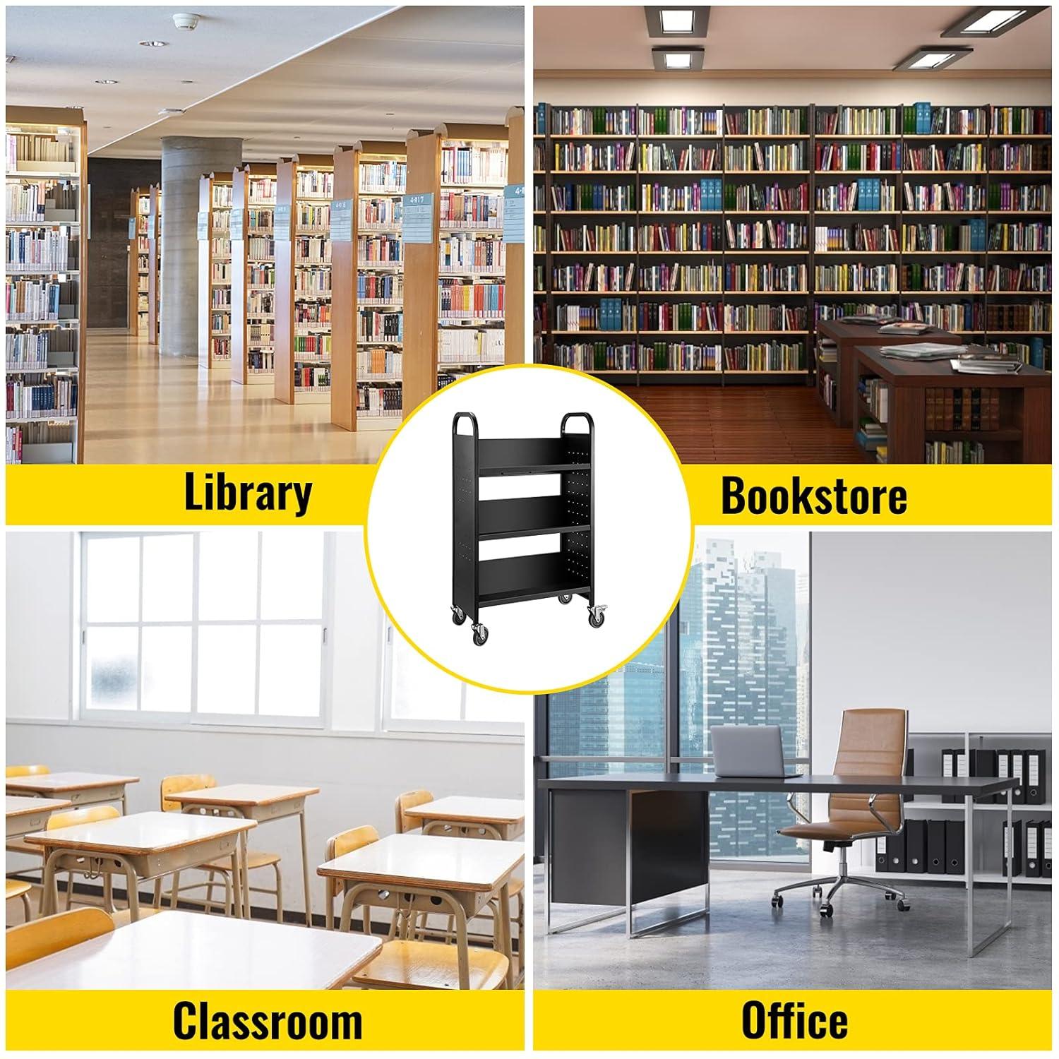 VEVOR Book Cart, 200lbs Library Cart, 30x14x49 Inch Rolling Book Cart Single Sided V-Shaped Sloped Shelves with 4 Inch Lockable Wheels, for Home Shelves Office and School Book Truck in Black