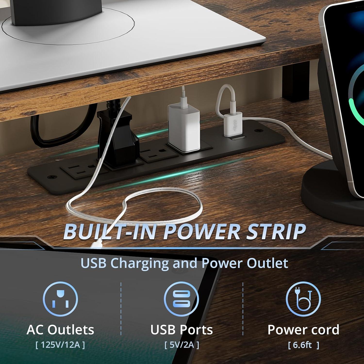 Afuhokles L Shaped Gaming Desk, Led Reversible Corner Computer Desk with Power Outlet, Monitor Stand CPU Stand, Brown