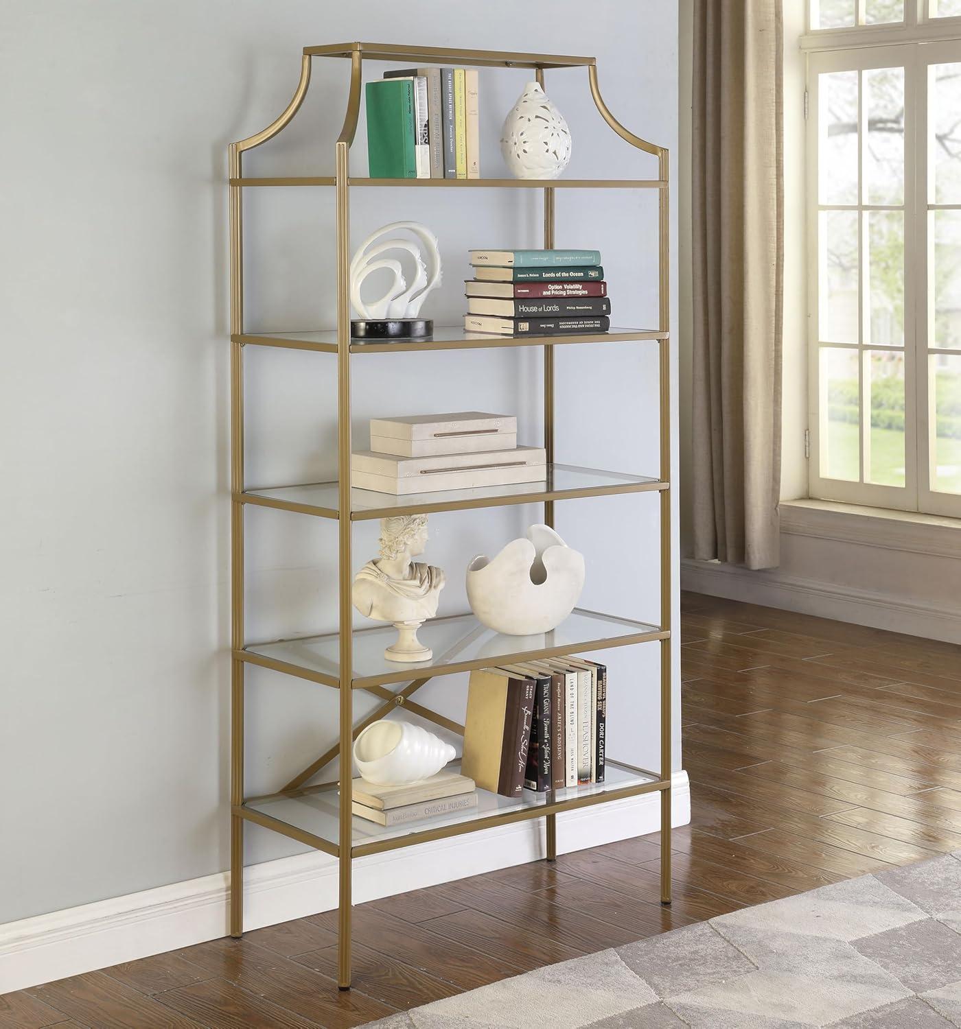 Coaster 70" Serena Modern 5 Tier Tempered Glass Shelves Bookcase Matte Gold
