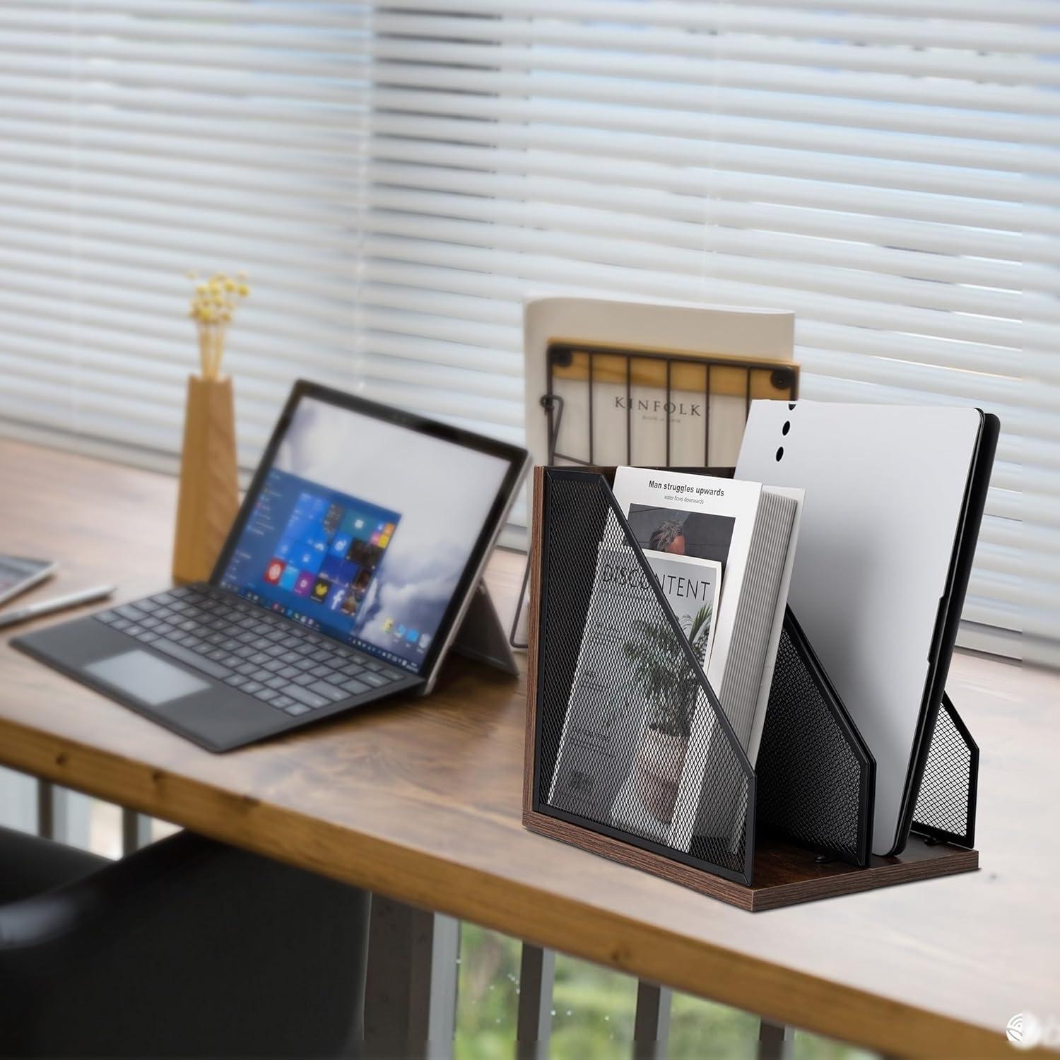 2 Set Magazine Holder Metal Wire, 2 Compartments Mesh File Holder for Desk, Office Desk Accessories Decorative File Box, Black