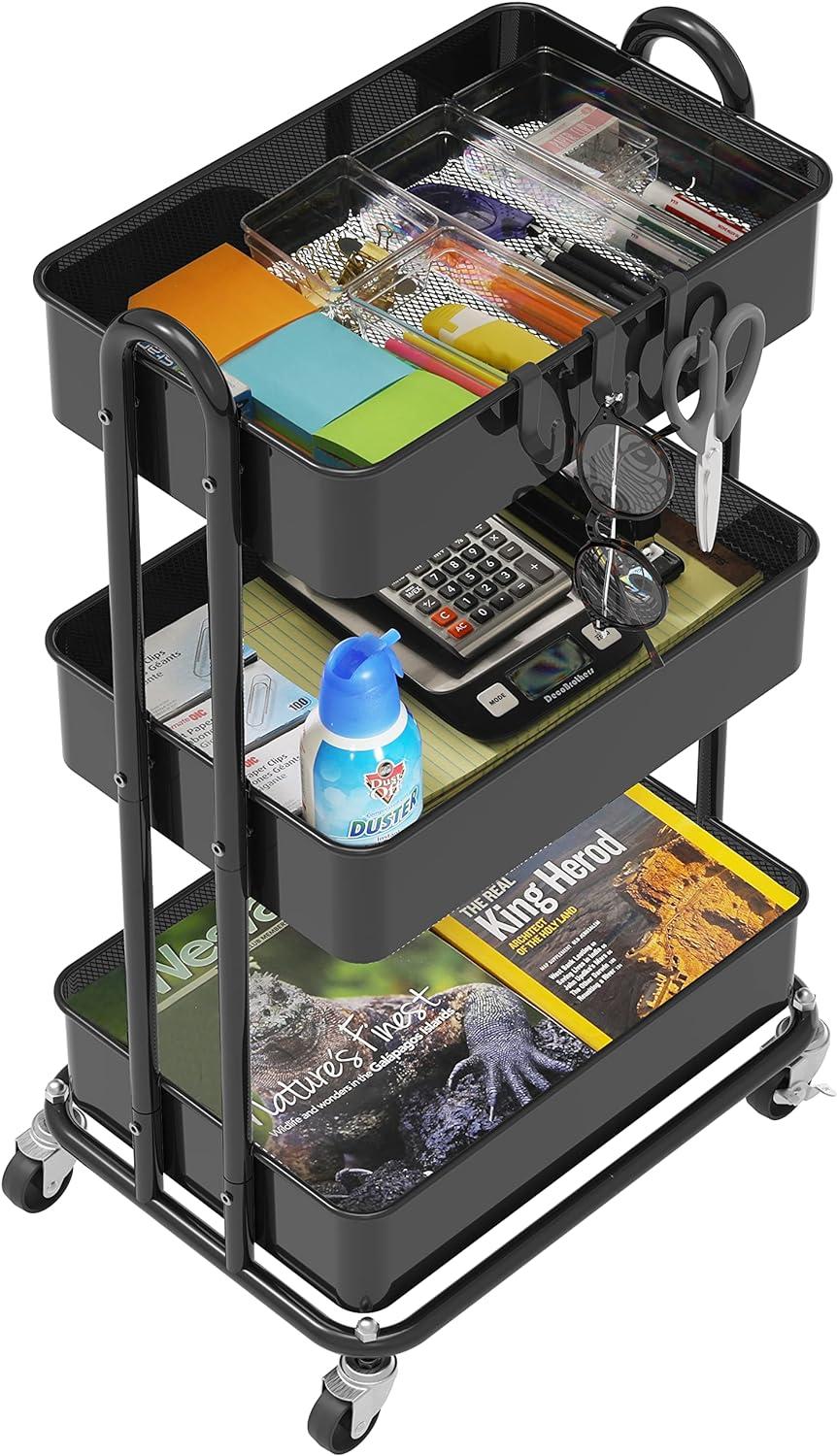 Black Heavy Duty 3-Tier Metal Utility Rolling Cart