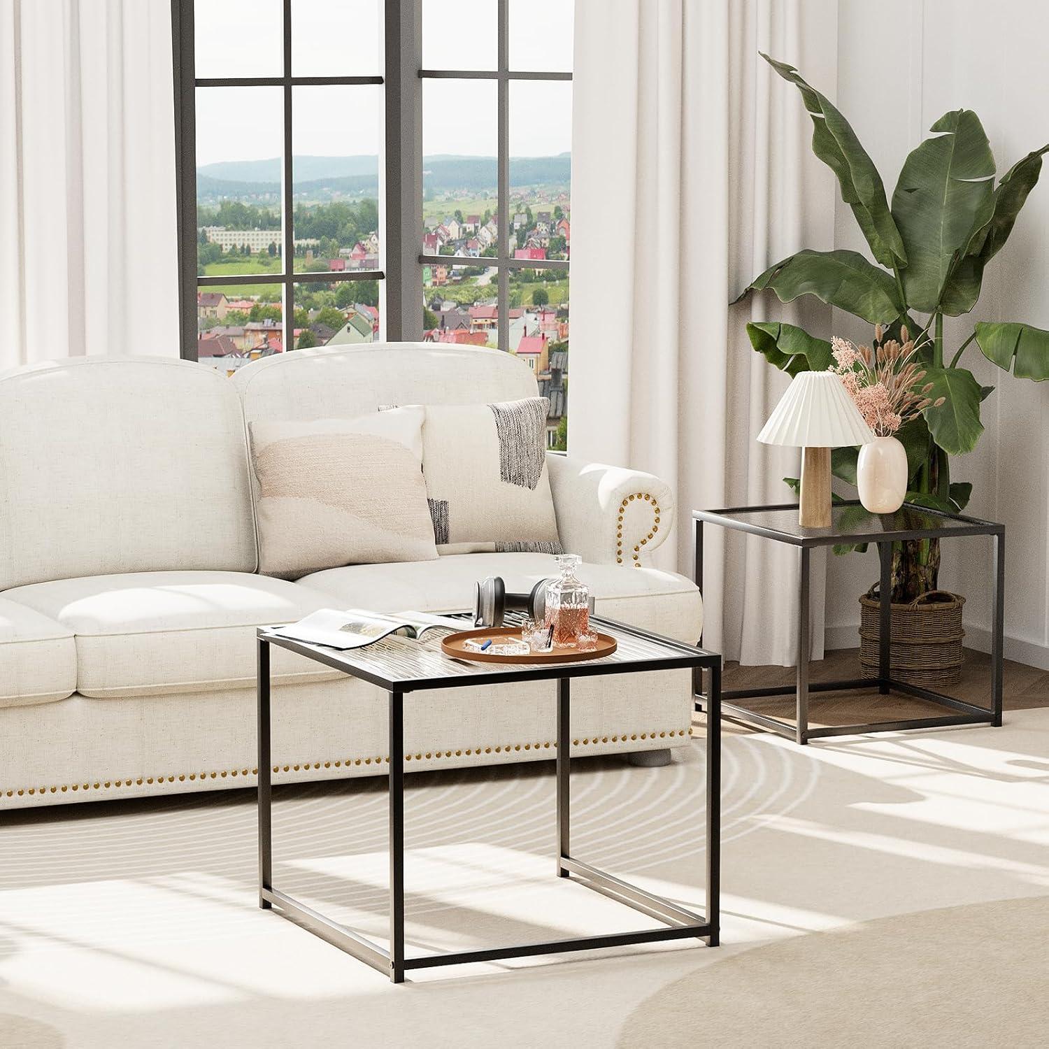 VILAWLENCE Coffee Table Set of 2, Modern Black Patterned Glass Side Table, Metal Frame Square End Table, Center Tables Nesting Coffee Table for Living Room,Bedroom and Small Spaces