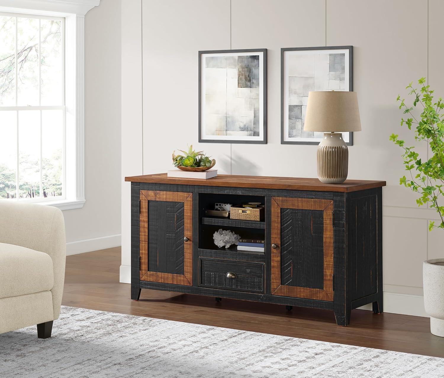 The Gray Barn  Downington Solid Wood 60-inch TV Stand Black and Honey Pine Finish, Wood Finish Adjustable Shelving Nautical & Coastal, Rustic