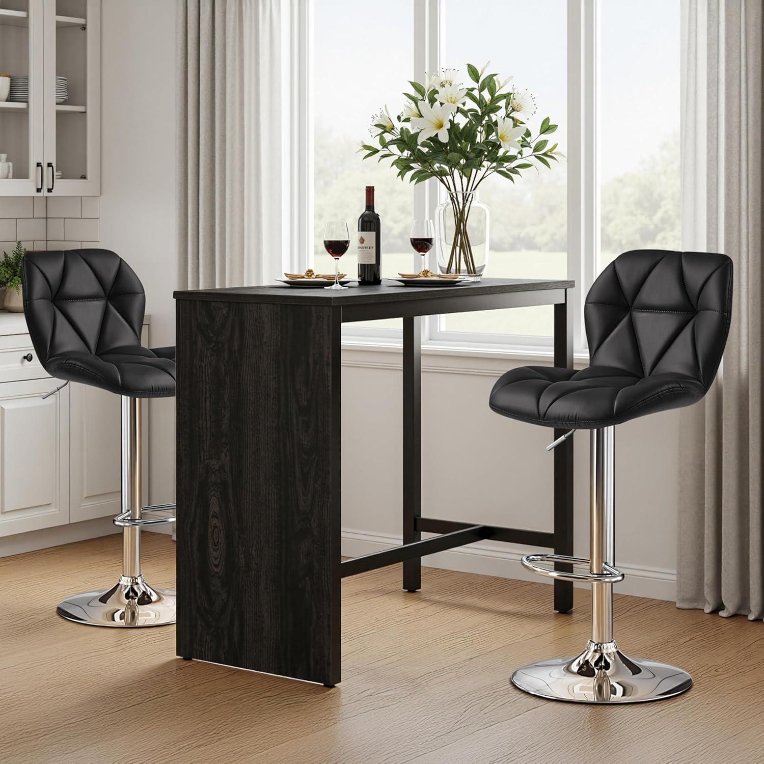 Modern Black Faux Leather Adjustable Swivel Bar Stools, Set of 2