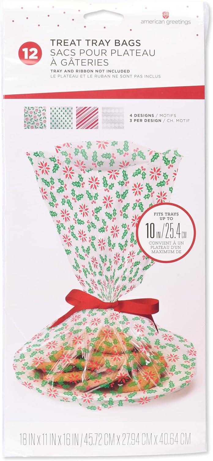 American Greetings Christmas Cellophane Cookie Tray Bags with Twist-Ties, Holiday Patterns (12-Count)