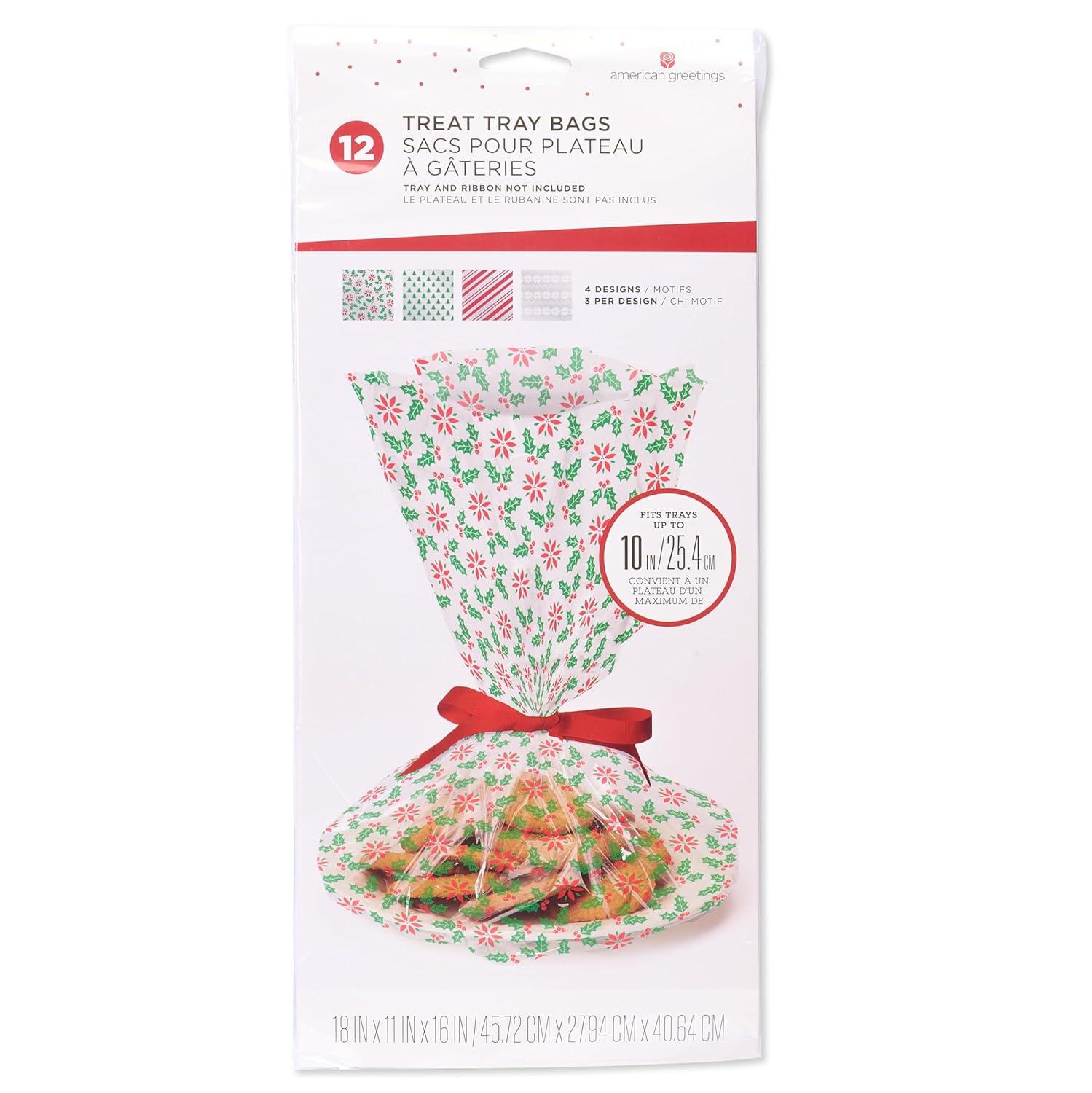 American Greetings Christmas Cellophane Cookie Tray Bags with Twist-Ties, Holiday Patterns (12-Count)