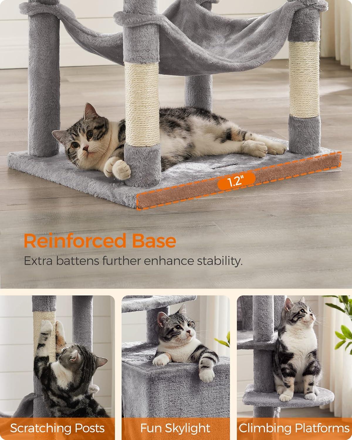 FEANDREA Multi-Level 75.2" Cat Tree with Scratching Posts & Pompoms, Light Gray