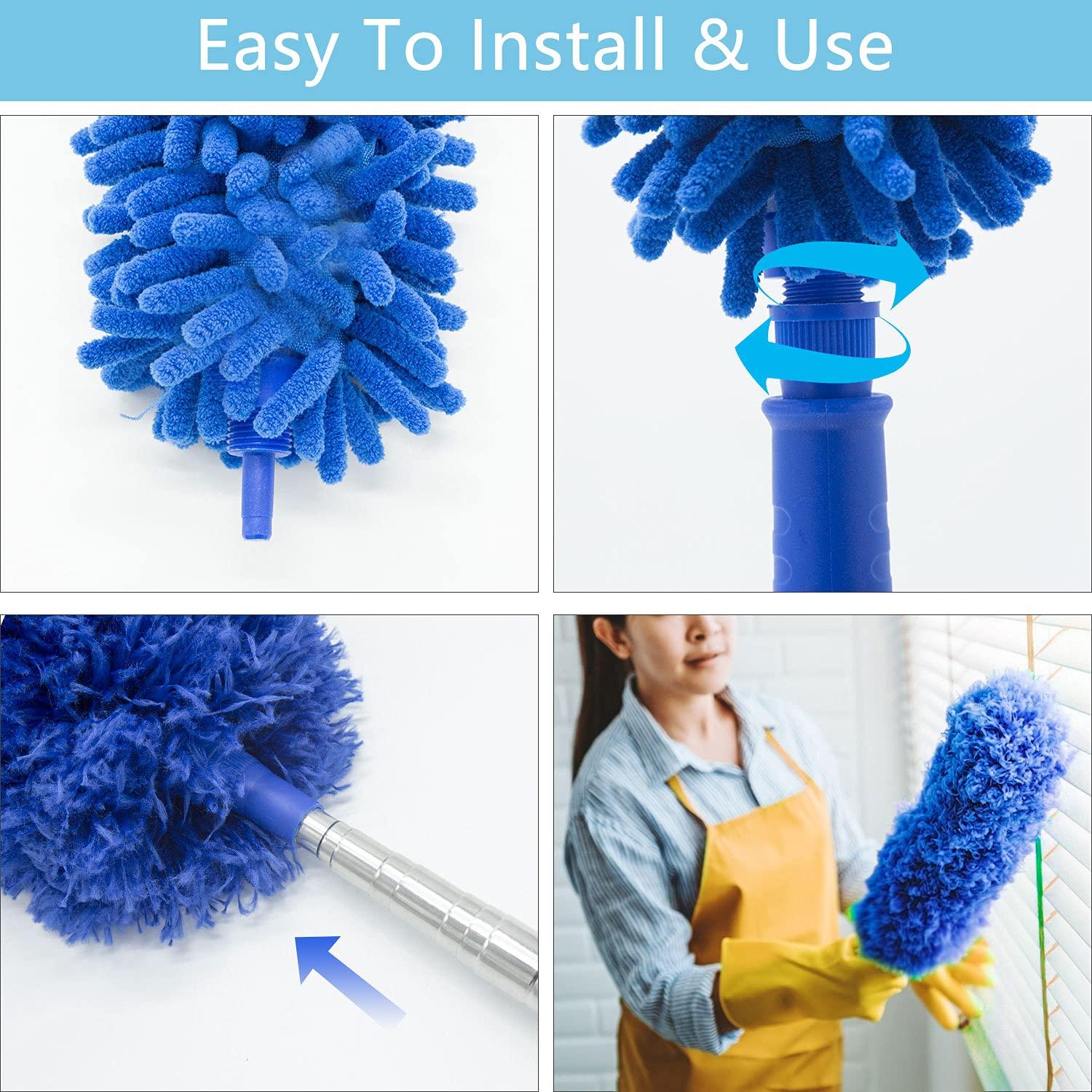 Microfibre Duster with 100" Telescopic Extension Pole Kit for High Ceilings, Cleaning Fan Cobweb, Reusable and Washable Lightweight for Ceiling Fan Webs, Blinds