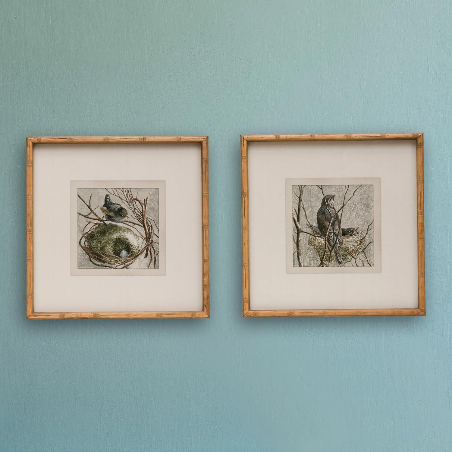 Storied Home (Set of 2) 18" Square Wood Framed Wall Arts with Bird and Nest : Modern Decor, Sawtooth Back Mount