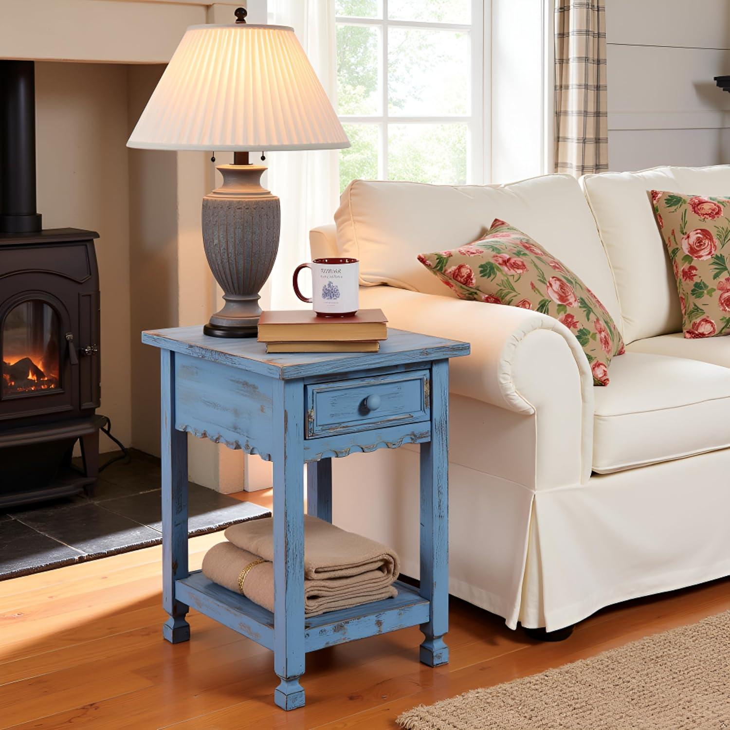 Alaterre Furniture Country Cottage Chairside End Table with 1 Drawer and 1 Shelf, Square Turned Legs, Farmhouse Style for Living Room, Antique Blue Finish
