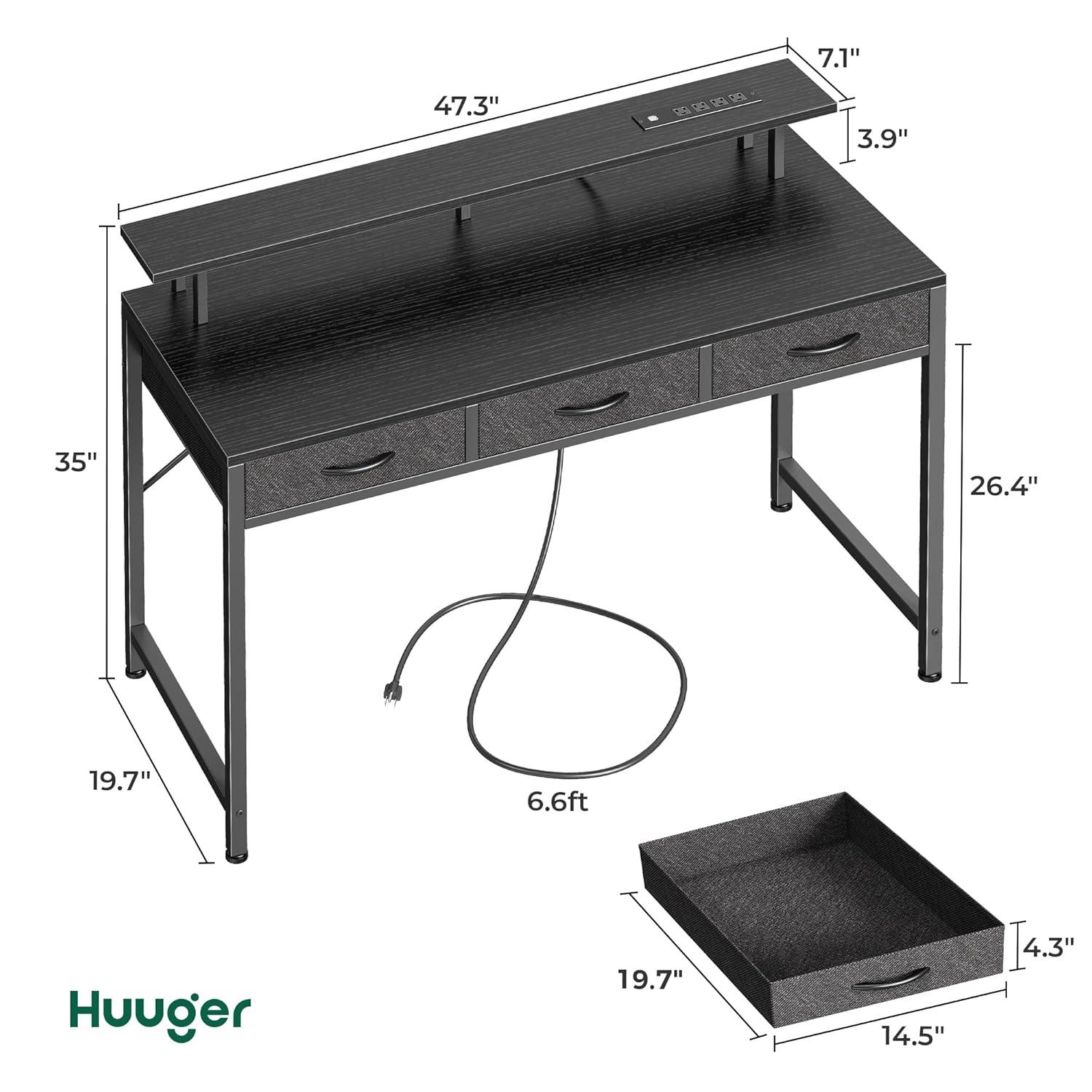Computer Desk With 3 Drawers, Office Desk Gaming Desk With LED Lights & Power Outlets, Home Office Desks With Storage Space For Bedroom, Work From Home, (47 Inch )