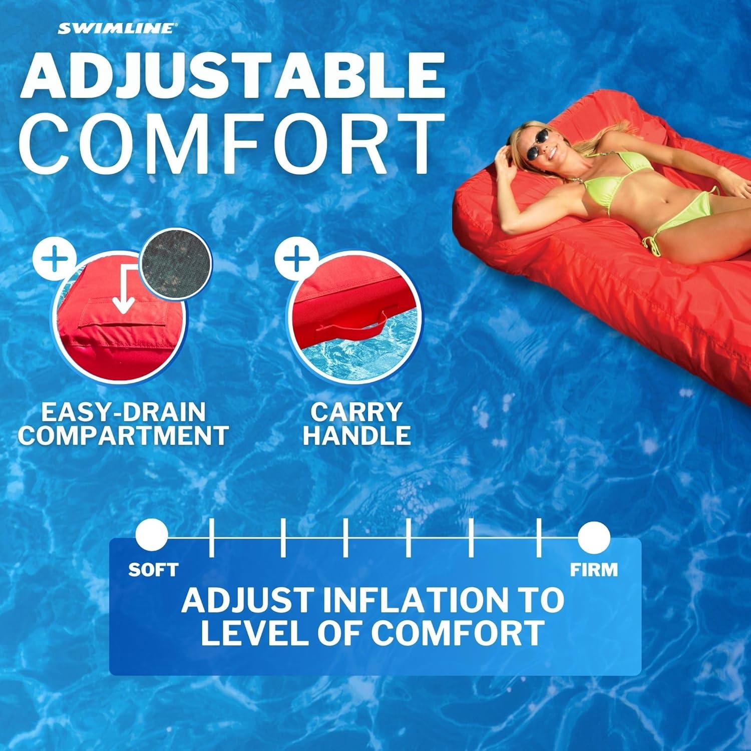 Solstice Sunsoft Fabric Covered Giant Oversized Inflatable Water Mattress Island, Pool Lake Lounge Float w/Adjustable Air Chambers, Red