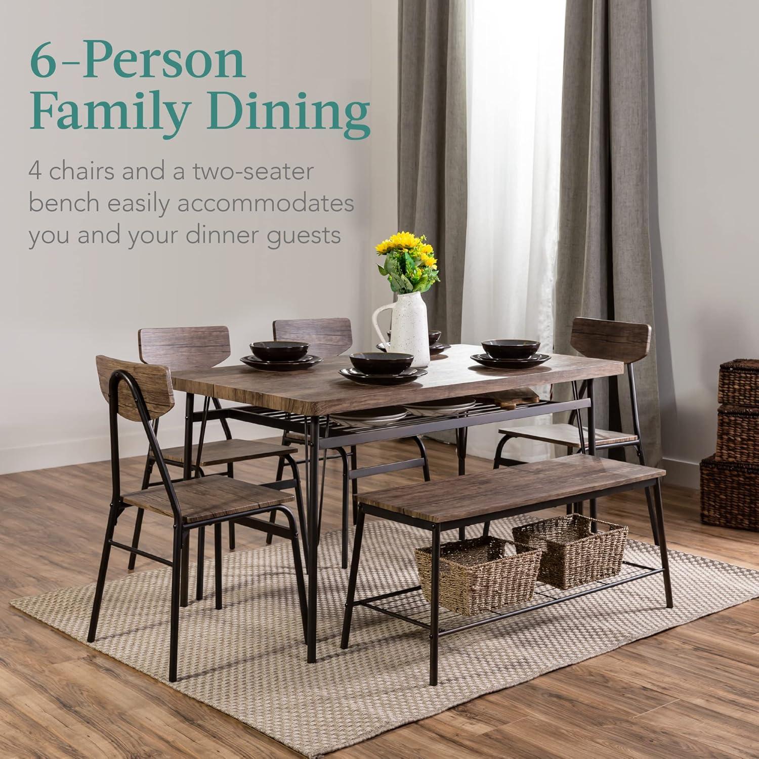 Best Choice Products 6-Piece 55in Modern Home Dining Set w/ Storage Racks, Rectangular Table, Bench, 4 Chairs - Brown